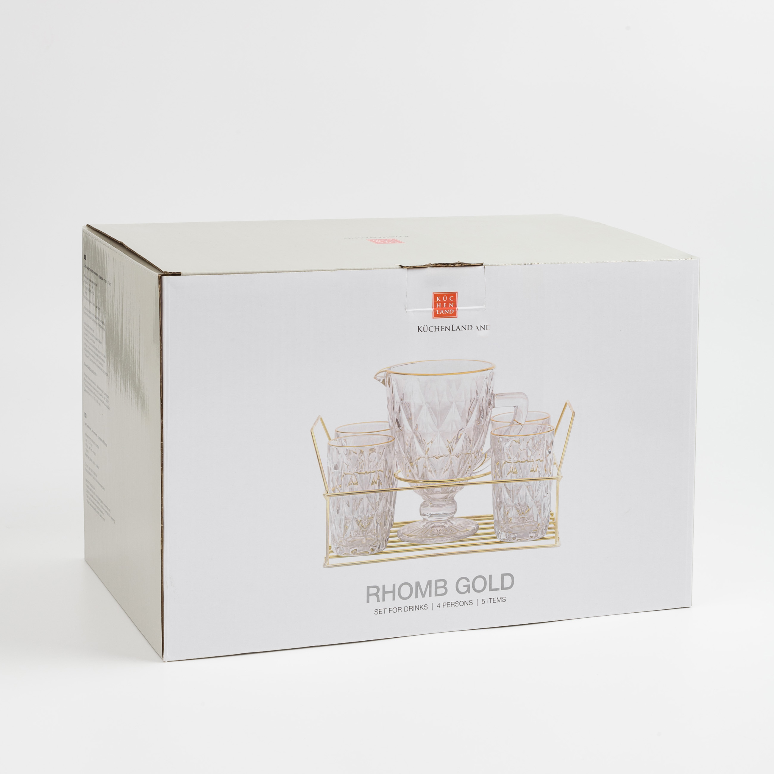 Set for drinks, 4 persons, 5 items, on a stand, glass R / metal, golden, Rhomb gold