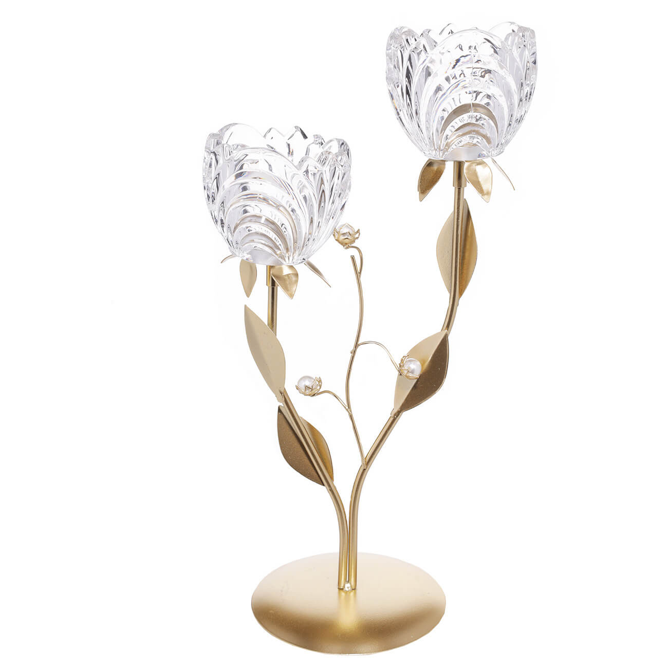 Candle holder, 39 cm, 2 tea candles, glass / metal, bronze, Flowers with beads, Fantastic flowers