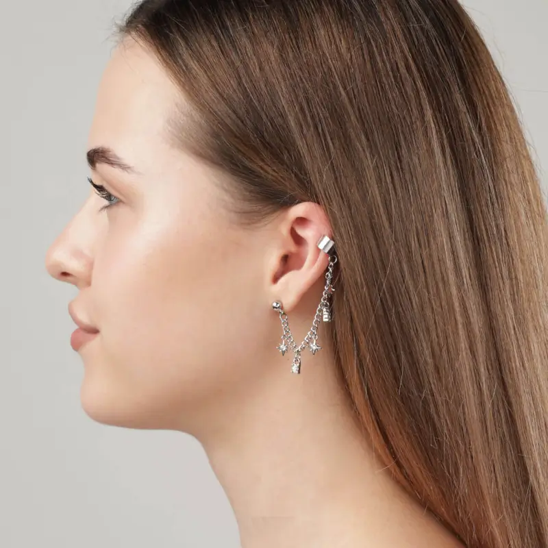 Cuff earring, single size, with pendant, Metal / Rhinestones, Stars, Mineral