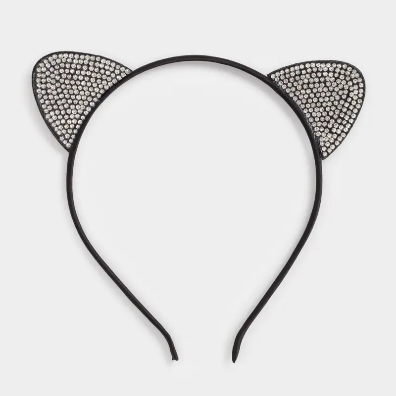 Carnival band, 12x14 cm, Polyester / metal / Rhinestones, Black, Cat ears, Cat