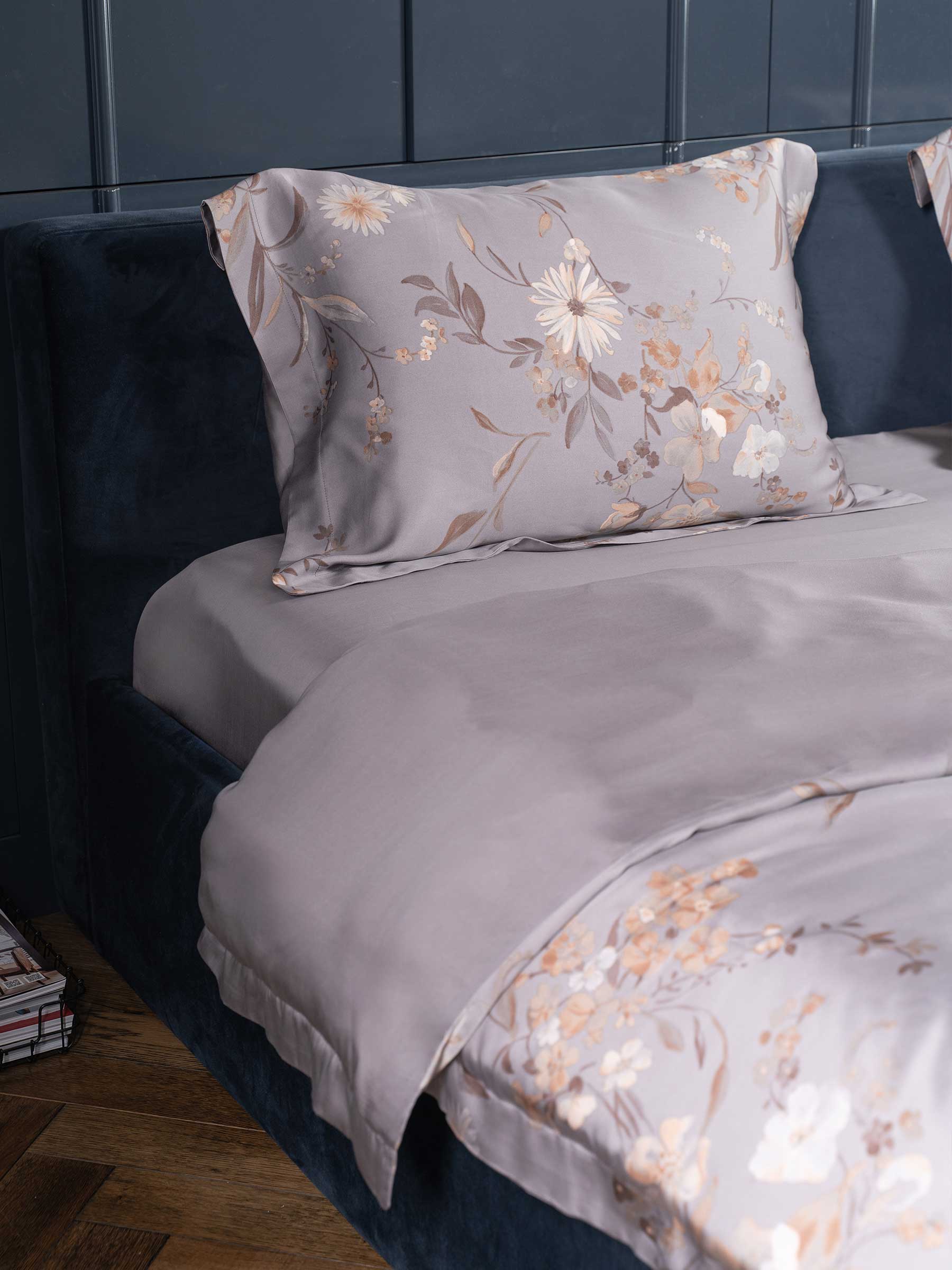 Bed linen set, euro, Tencel 300 TC, grey, Flowers and leaves, Tencel, image-2