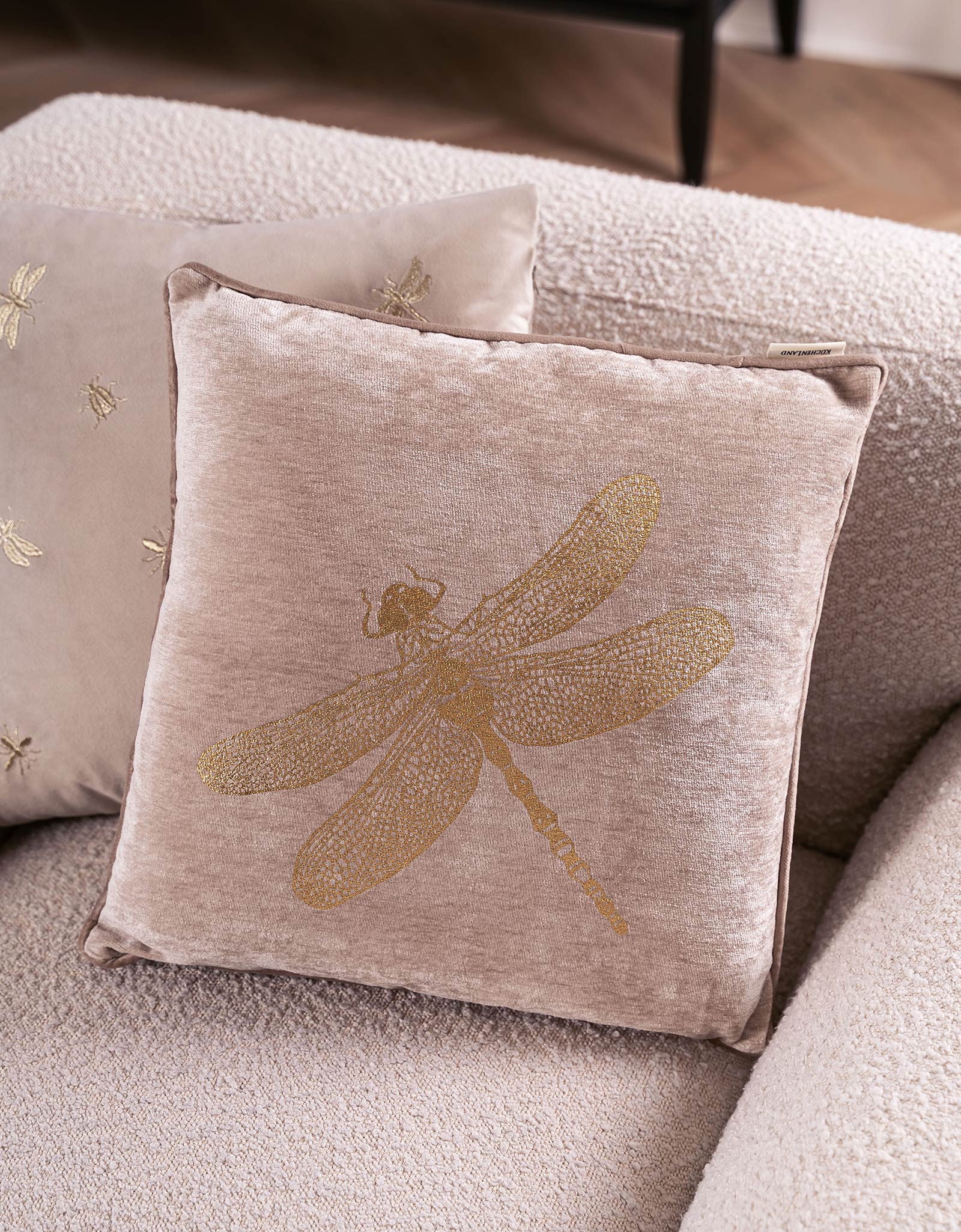 Decorative pillow, 45x45 cm, chenille / corduroy, gray-beige, Dragonfly, Dragonfly