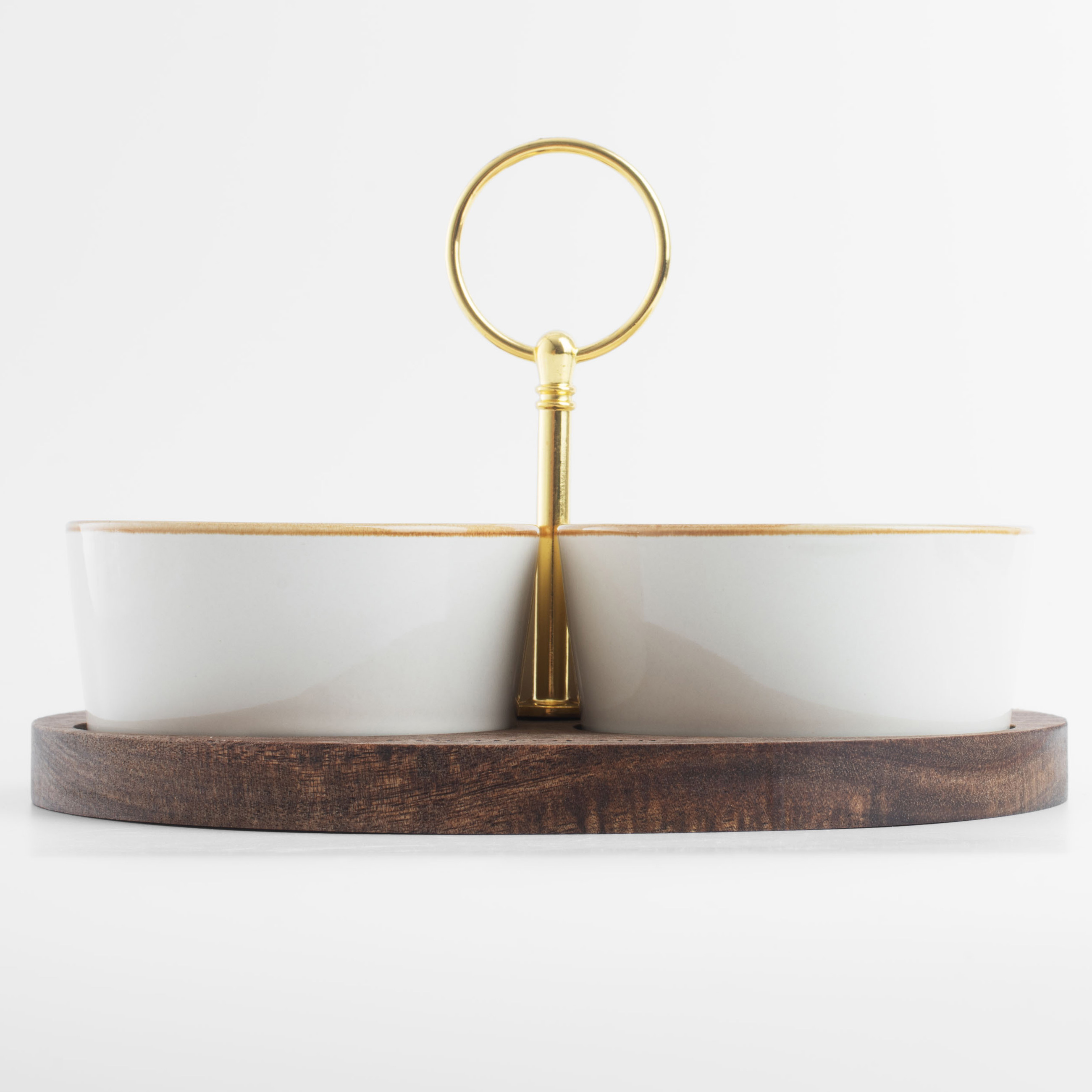 Snack set, 3 items, on a stand, with handle, ceramic / wood, milky, Noble tree 
