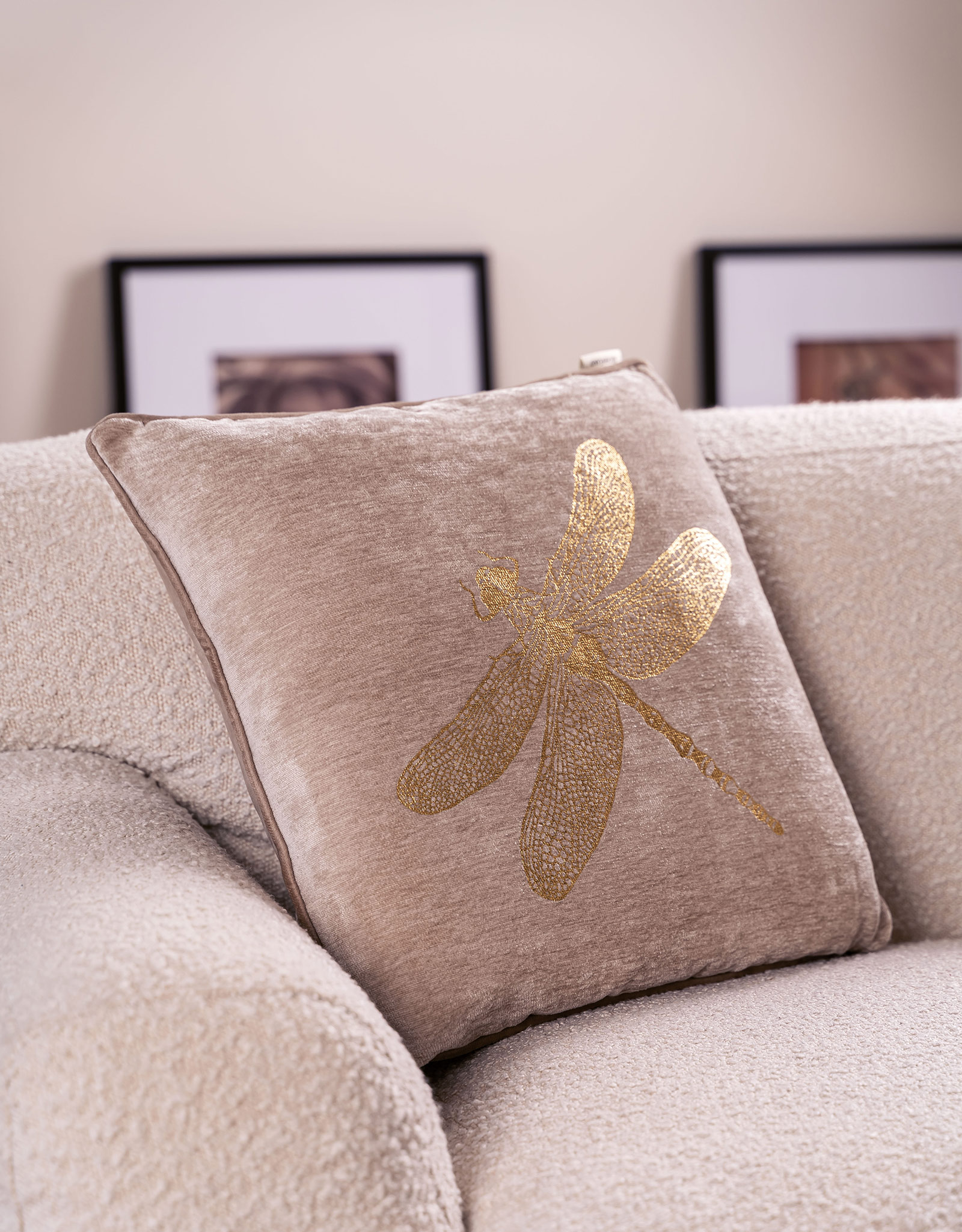 Decorative pillow, 45x45 cm, chenille / corduroy, gray-beige, Dragonfly, Dragonfly