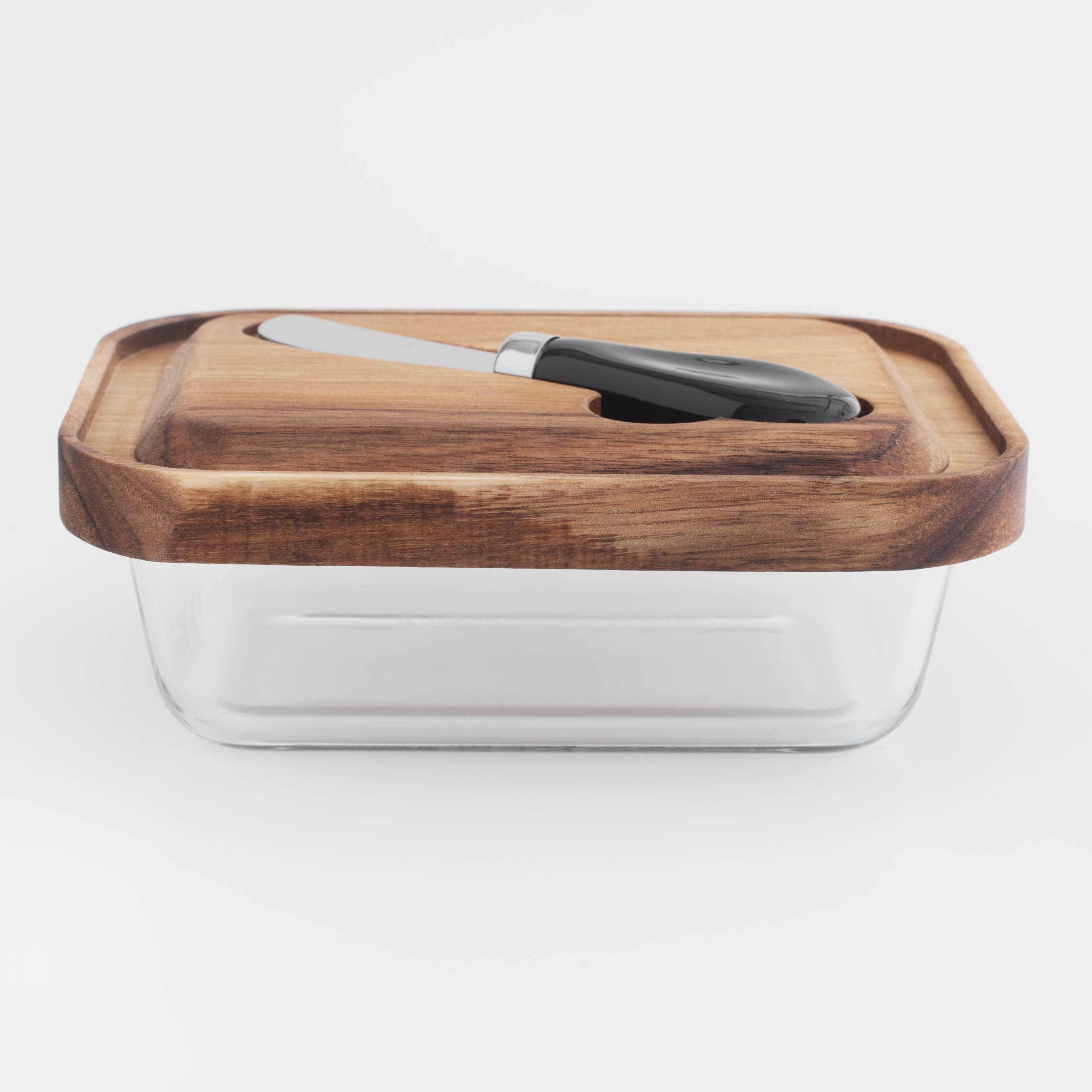 Butter dish, 18 cm, with knife, wood/glass / steel, rectangular, Noble tree
