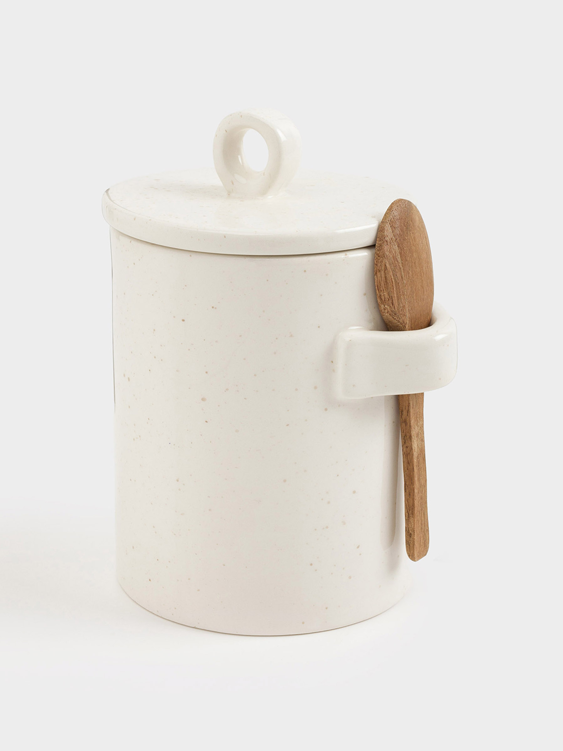 Storage container, 16 cm, 750 ml, with spoon, ceramic / wood, milky, speckled, Delicia, image-2