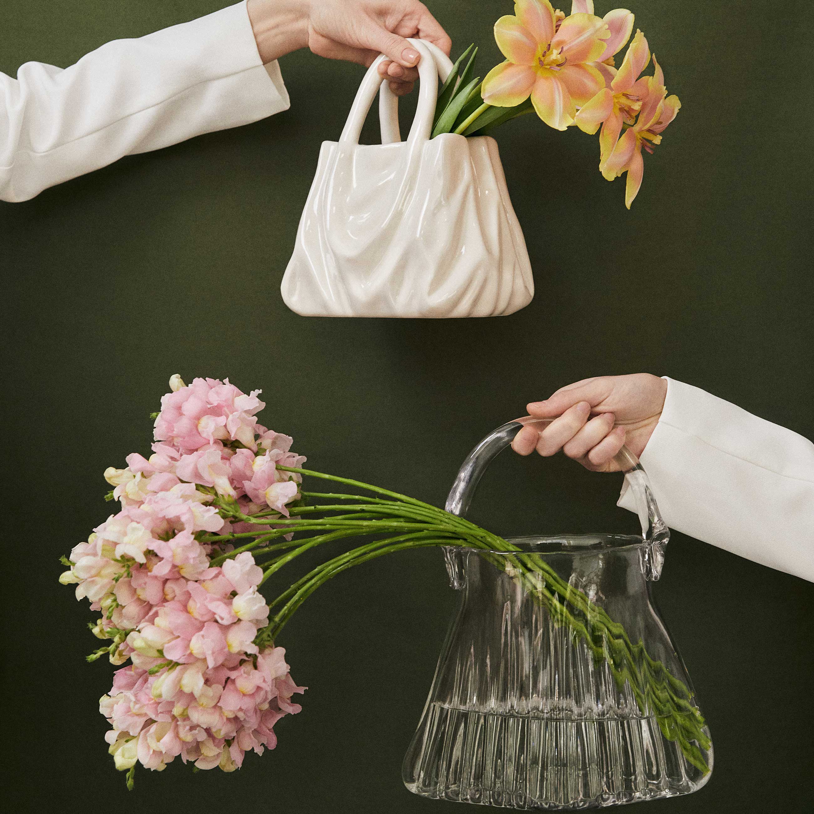 Flower vase, 20x22 cm, decorative, ceramic, milky, Crumpled effect, Bag, Crumple