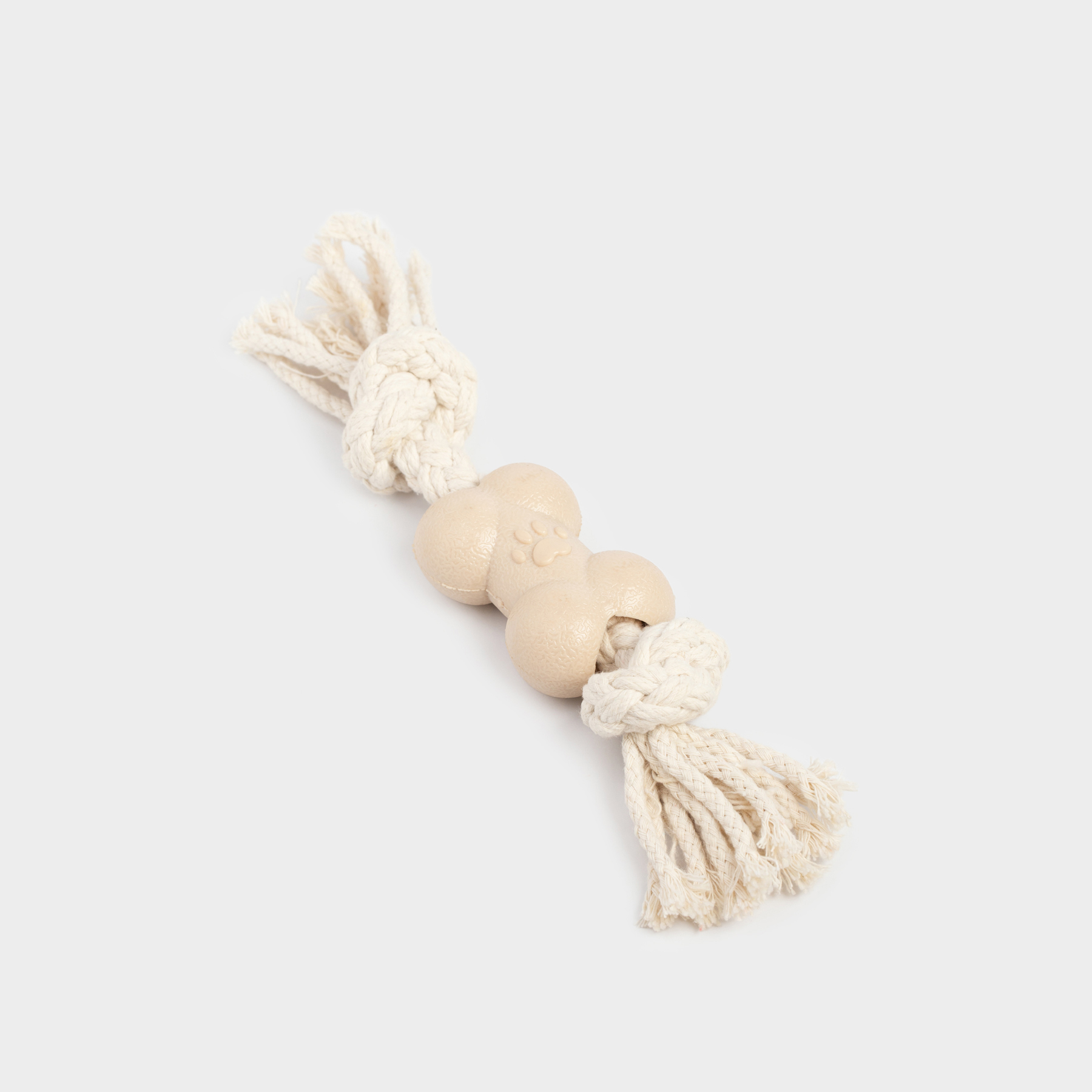 Dog toy, 21 cm, rubber / cotton, Beige, Bone on rope, Playful pet