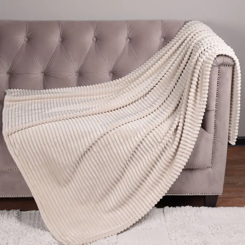 Plaid, 130x170 cm, flannel, sand, Voluminous stripes, Flannel ,image-0
