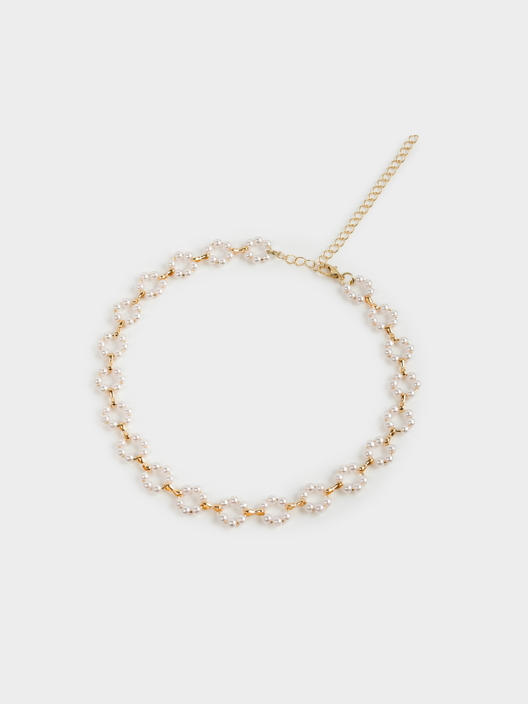 Chain, 46 cm, plastic / metal, white, Flowers from beads, Pearl