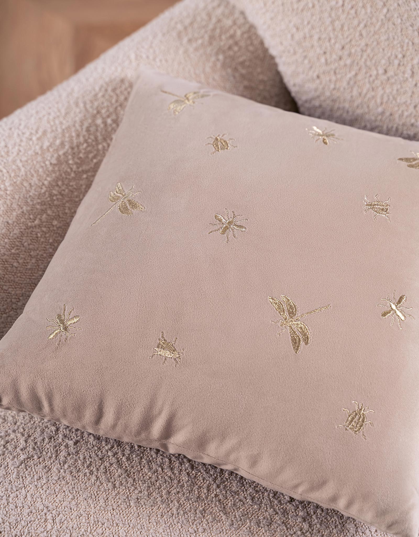 Decorative pillow, 45x45 cm, corduroy, light beige, Dragonflies and beetles, Bugs