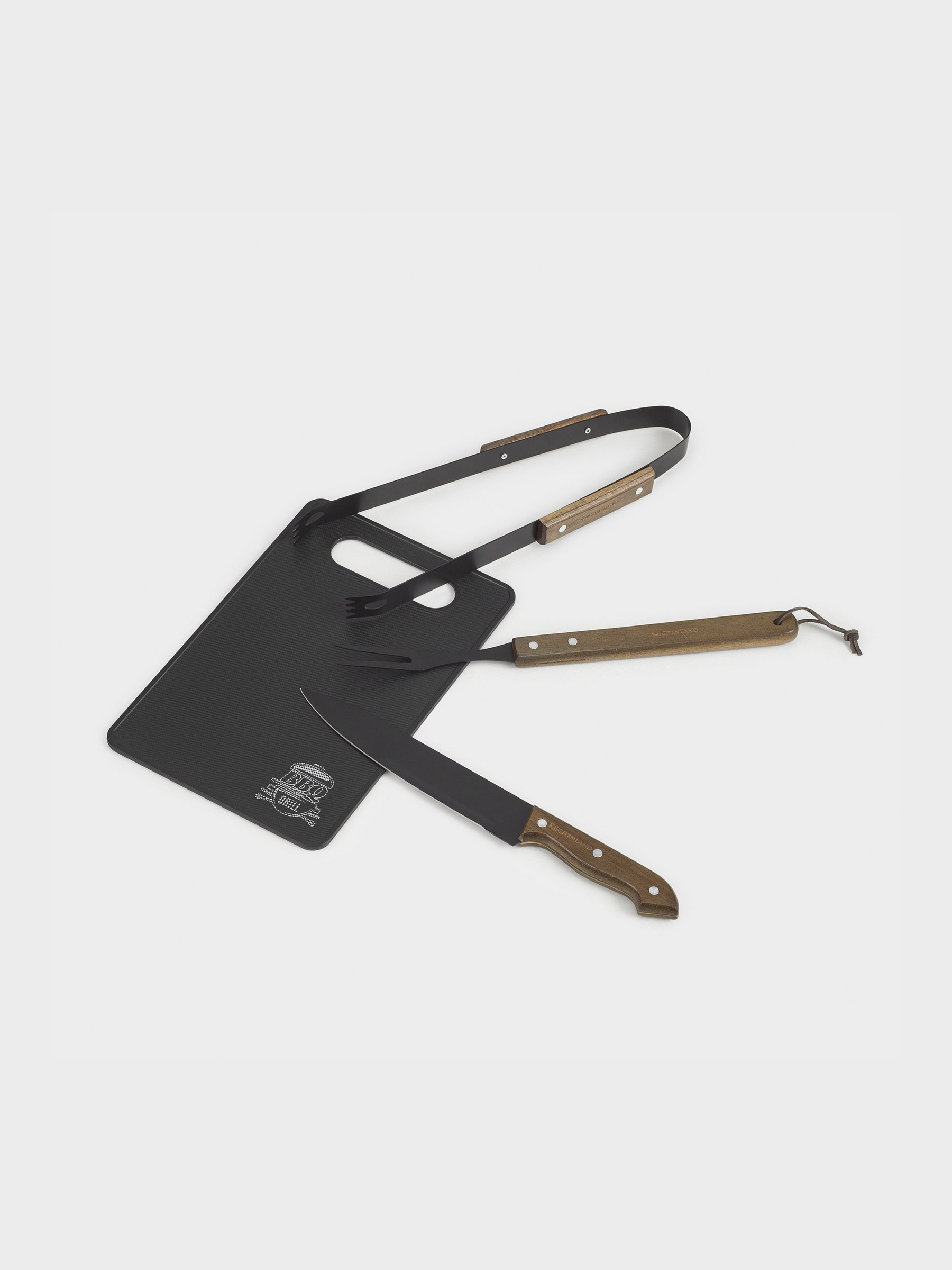 BBQ set, 4 items, in leather case, steel / wood / eco-leather, BBQ, image-1