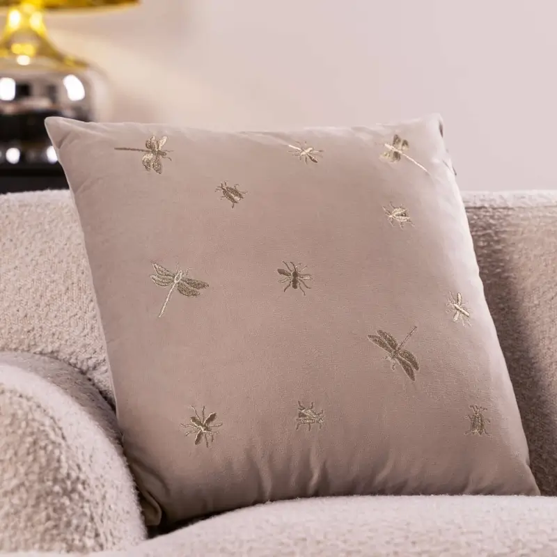 Decorative pillow, 45x45 cm, corduroy, light beige, Dragonflies and beetles, Bugs