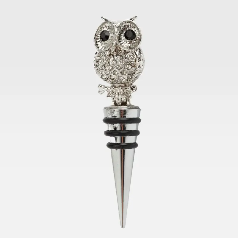 Wine bottle stopper, 11 cm, metal/rhinestones, silver, Owl, Birds ,image-0