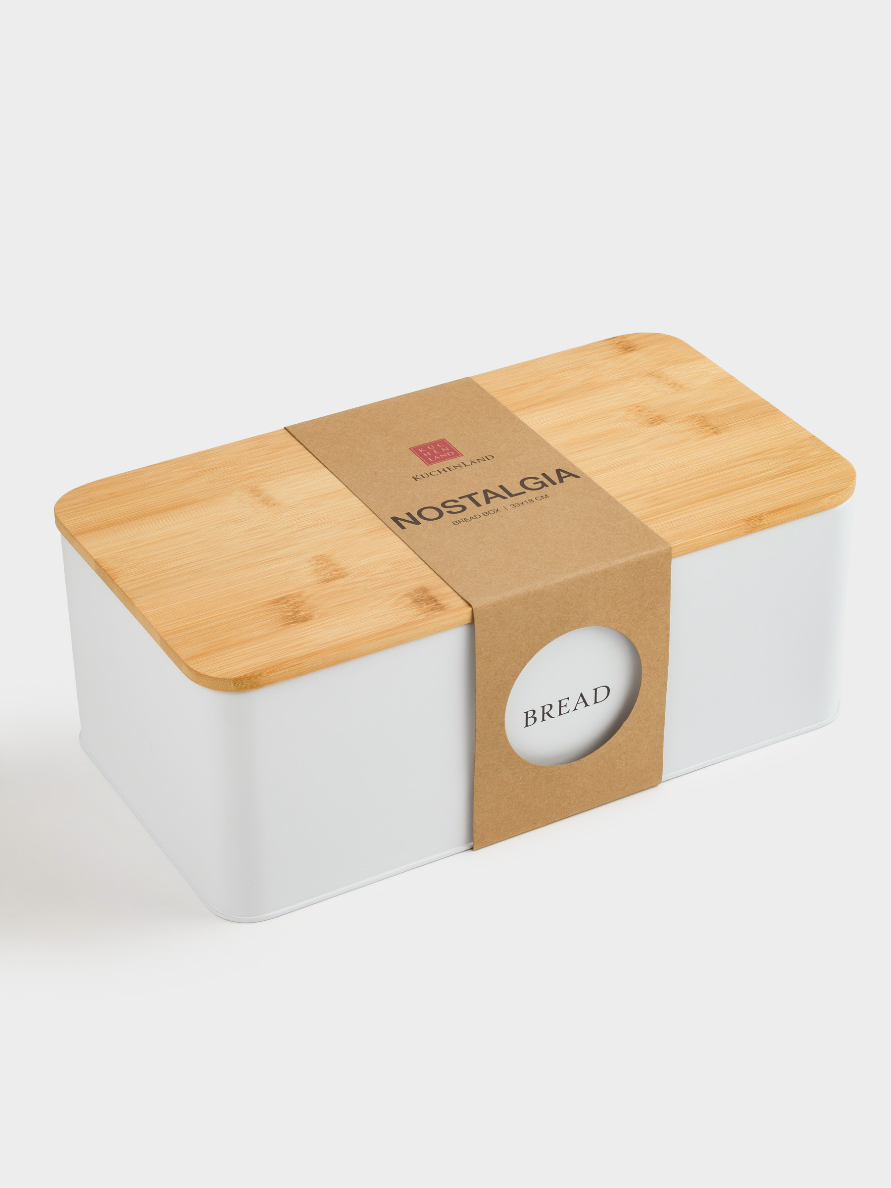 Bread box, 33x18x12 cm, with cutting board, metal / bamboo, rectangular, white, Nostalgia, image-5