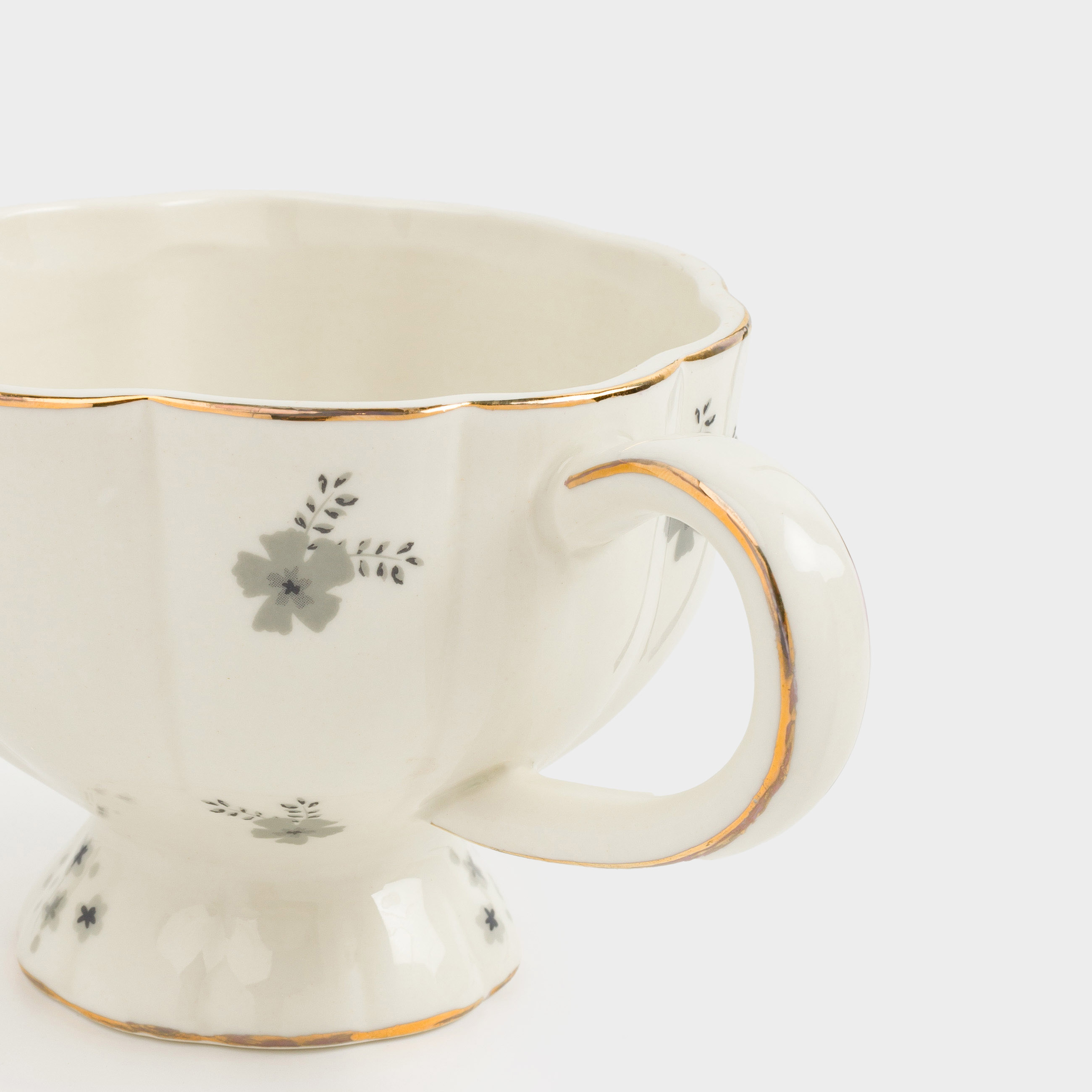 Mug, 360 ml, porcelain P, milky, with golden edging, Grey flowers, Florals, image-6
