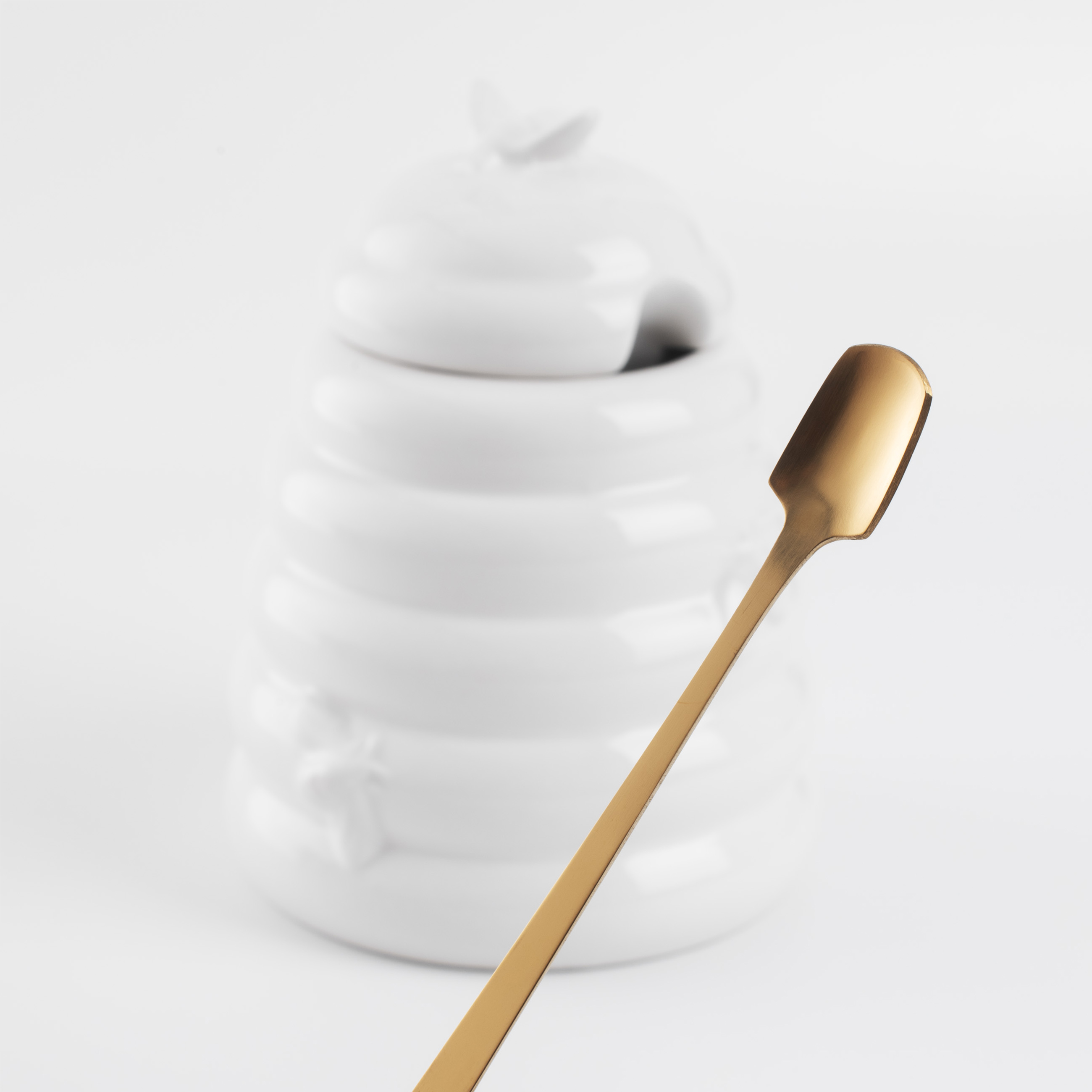 Honey jar, 650 ml, with spoon, ceramic / steel, milk, Bees, Honey
