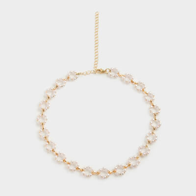 Chain, 46 cm, plastic / metal, white, Flowers from beads, Pearl
