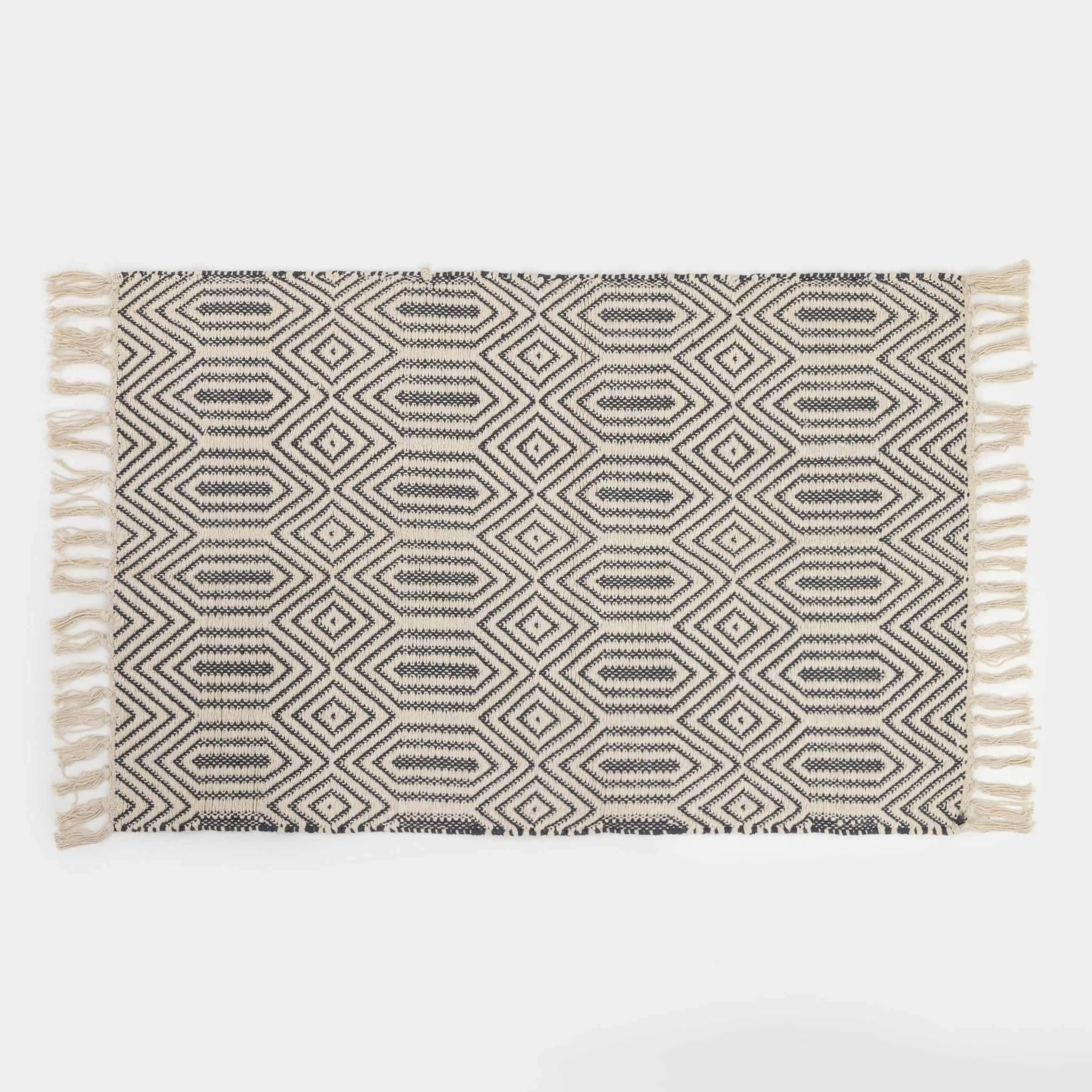 Rug, 60x90 cm, fringed, cotton, black and milk, Rhombic, image-0