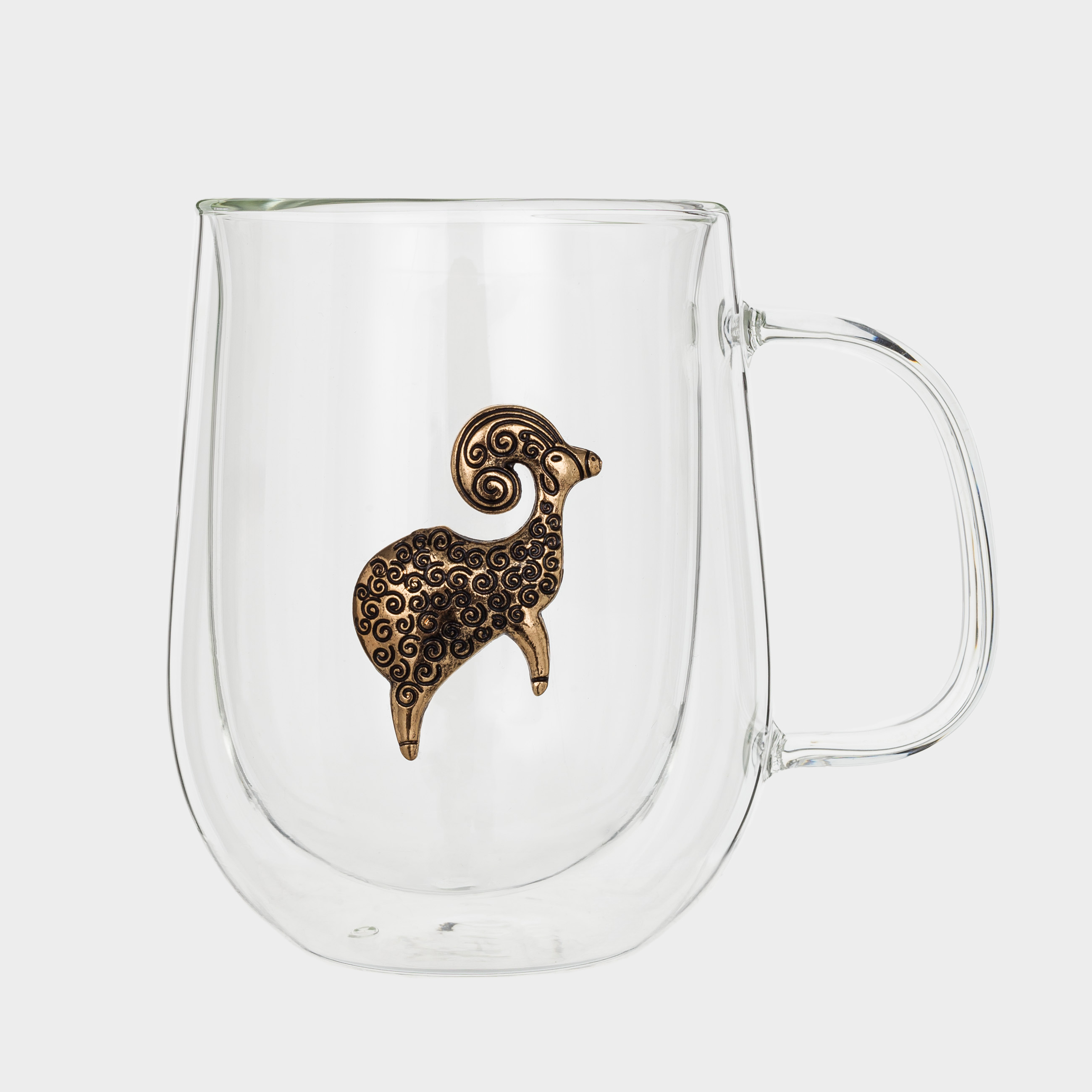 Mug, 350 ml, glass B / metal, golden, Aries, Air zodiac, image-1