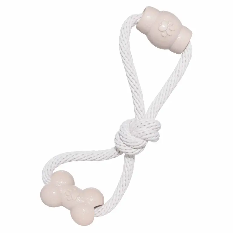 Dog toy, 28 cm, rubber / cotton, Beige, Bone and barrel on rope, Playful pet ,image-0