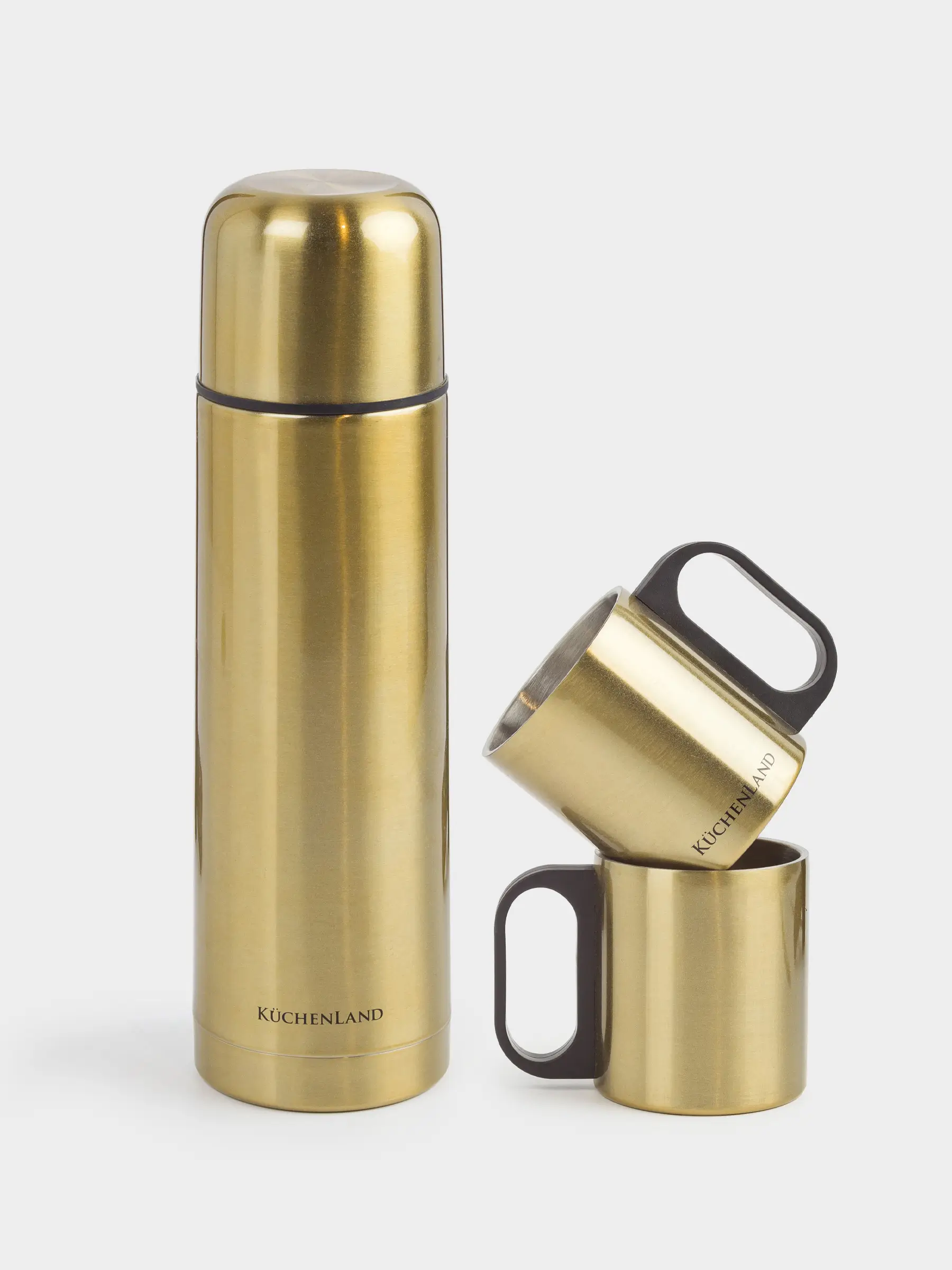 Set for drinks, 2 persons, 3 items, travel, thermos 750 ml, steel / plastic, golden, Classic gold, image-0