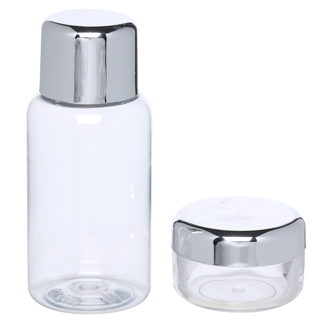 Travel Bottle/Jar set, 4 pcs, in cosmetic bag, Plastic, Silver, Basic