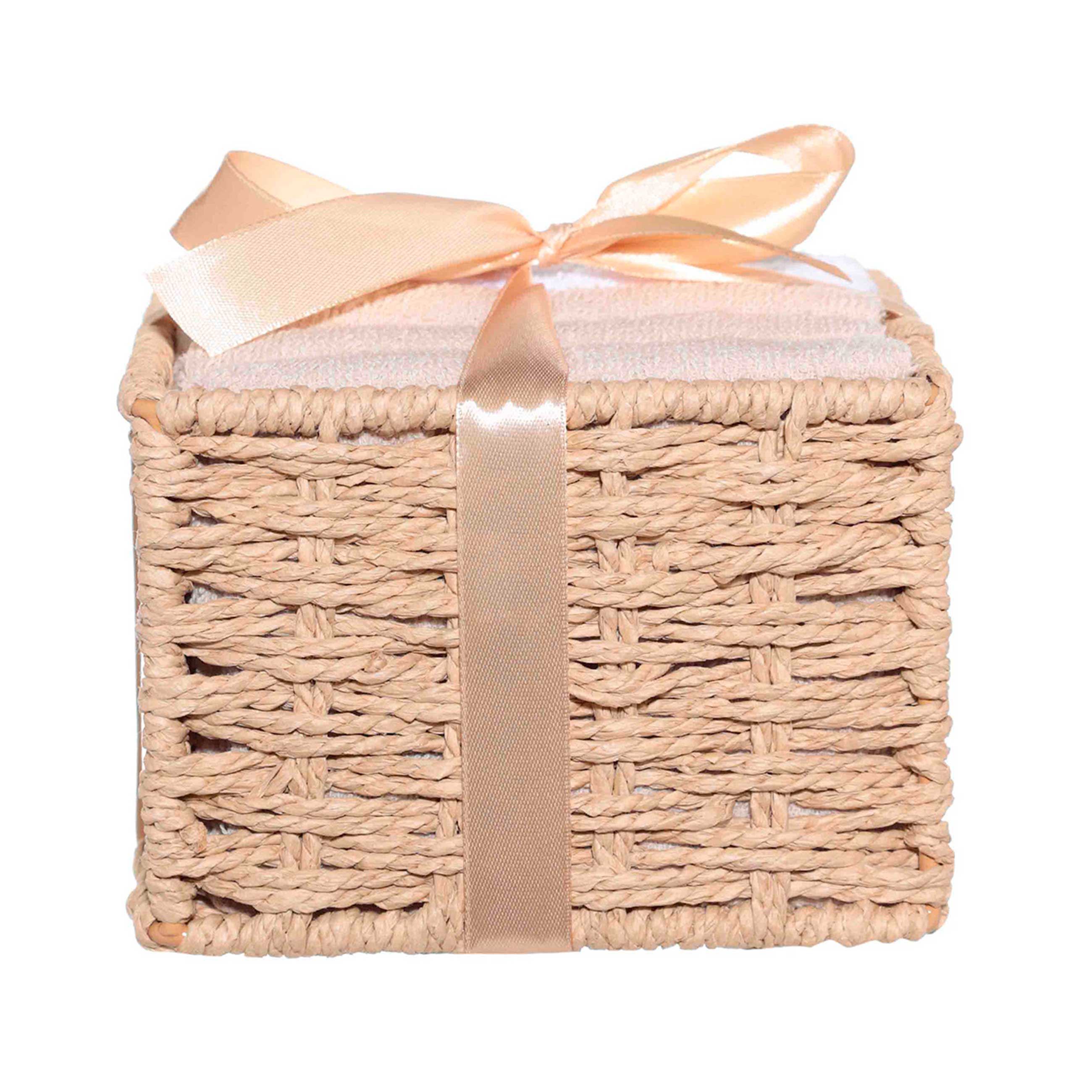 Towel, 30x30 cm, 6 pcs, in a basket with a bow, cotton, beige/white, Basket towel, image-0