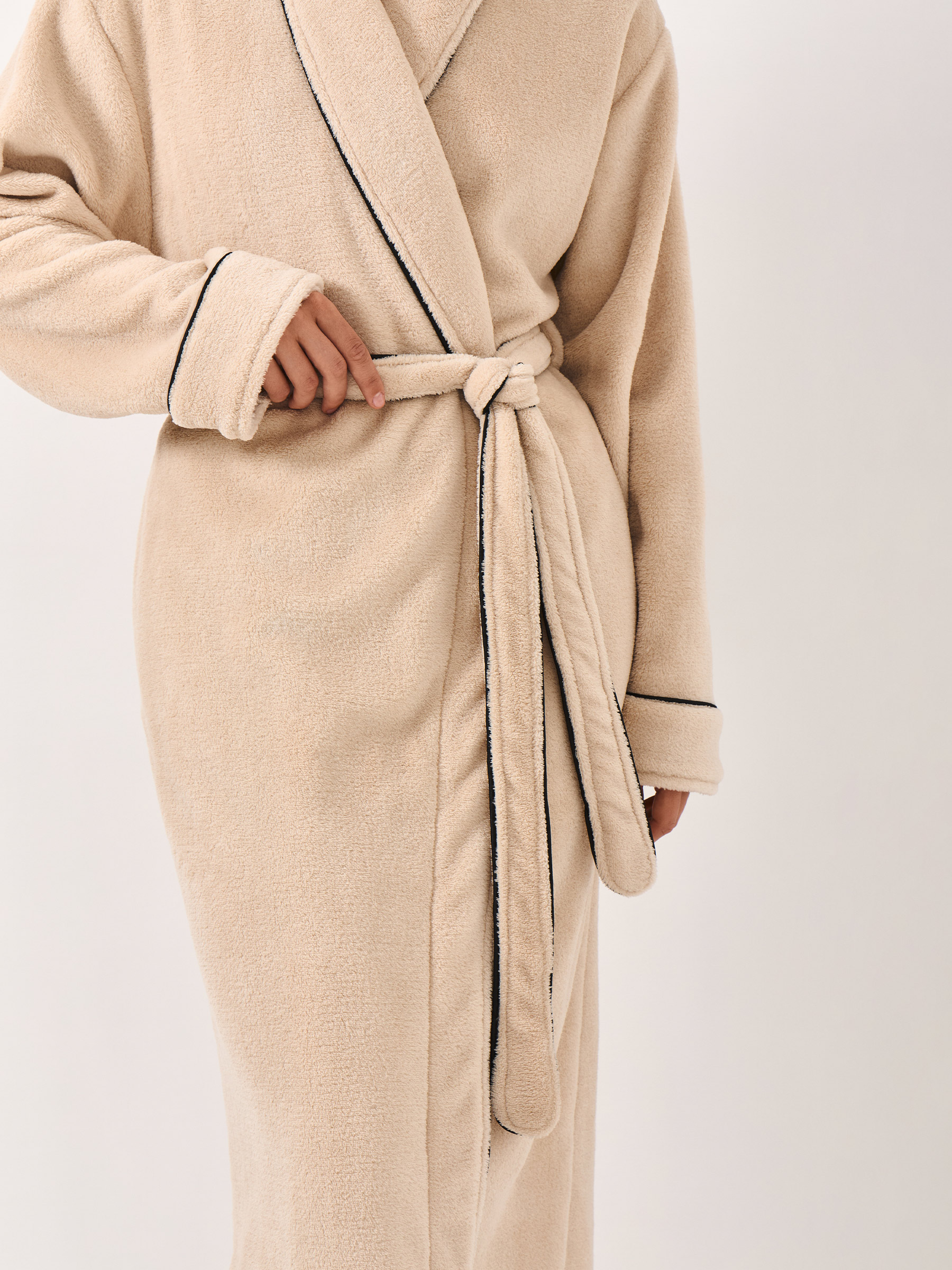 Women's robe, homewear, size S / M, with long sleeves, fleece, beige, Black edging, Jack, image-2