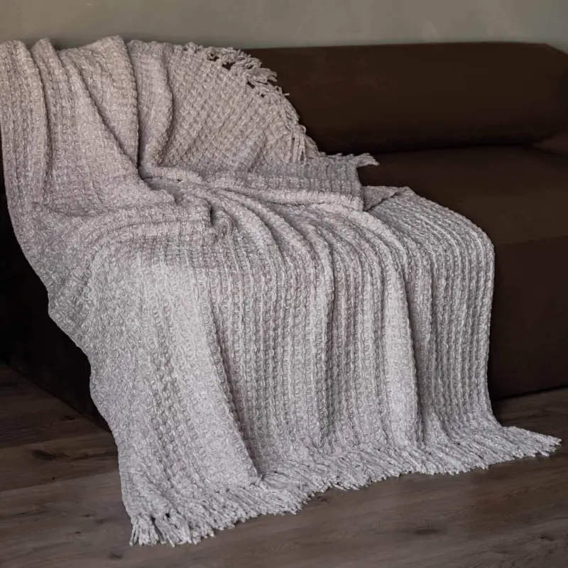 Plaid, 130x160 cm, with fringe, Chenille, sand, Chenill