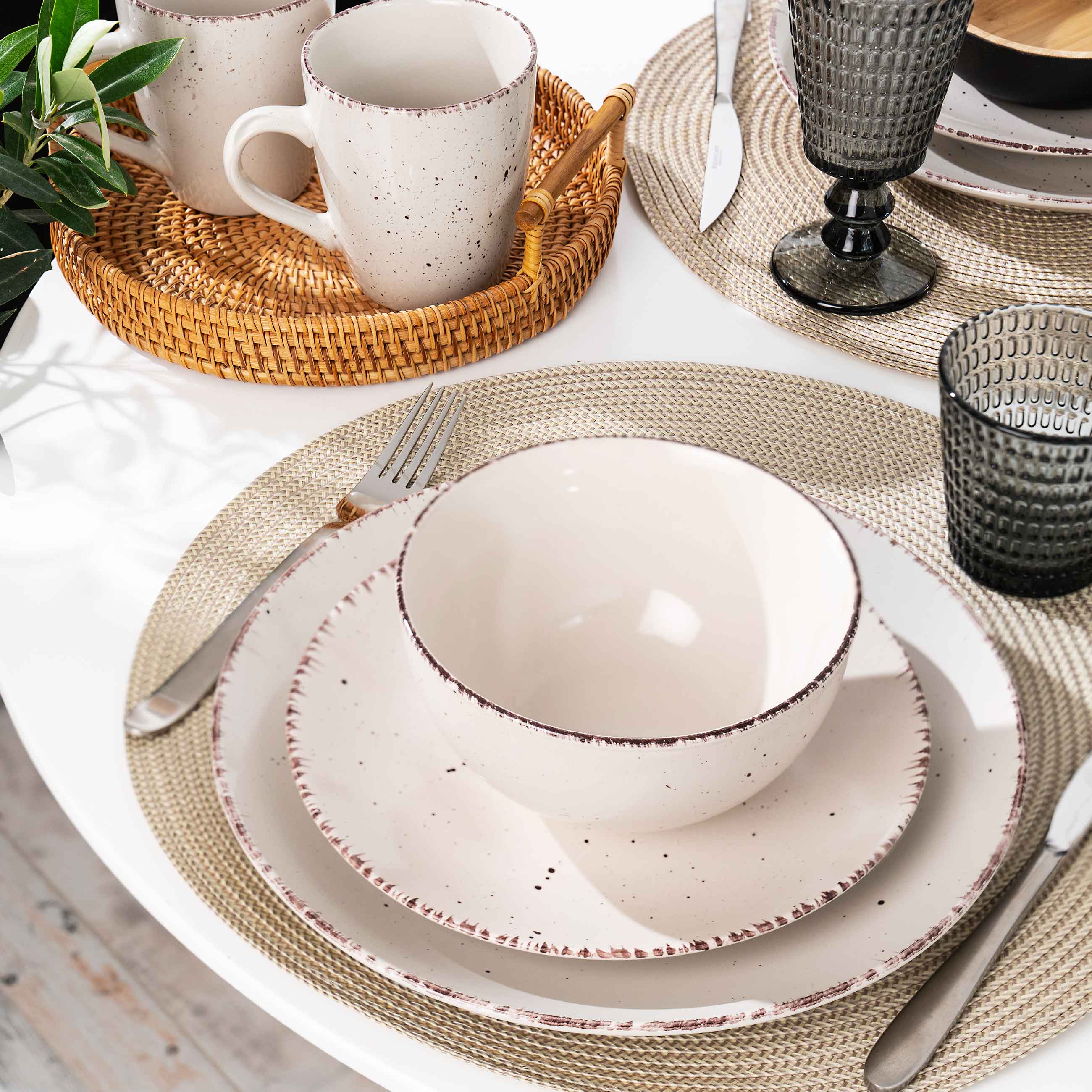 Dining set, 6 pers., 18 pr., ceramic, beige, speckled, Speckled