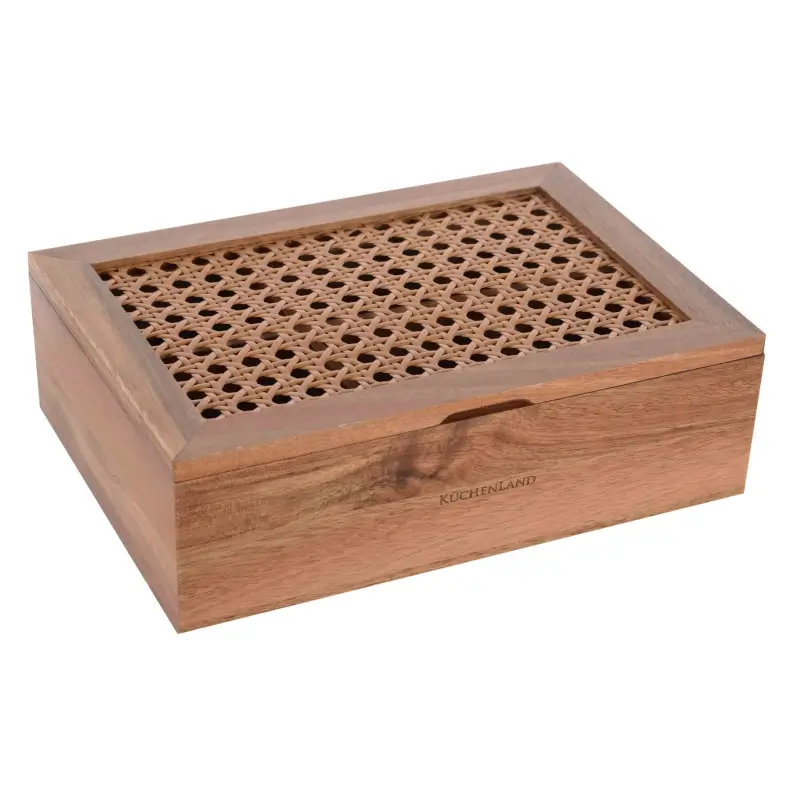 Tea box, 24x16 cm, 6 compartments, wood / rattan, rectangular, Lattice ,image-0