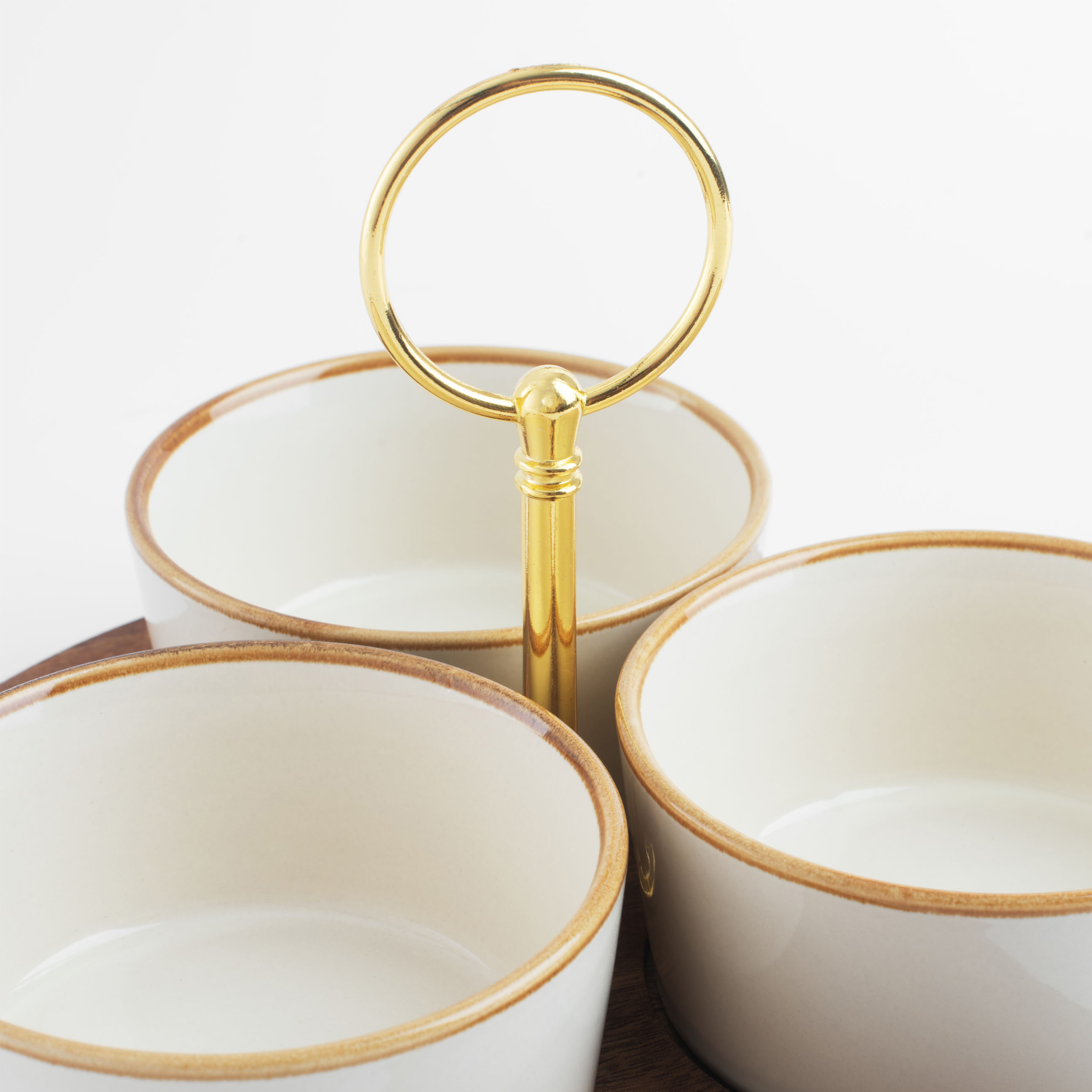 Snack set, 3 items, on a stand, with handle, ceramic / wood, milky, Noble tree 