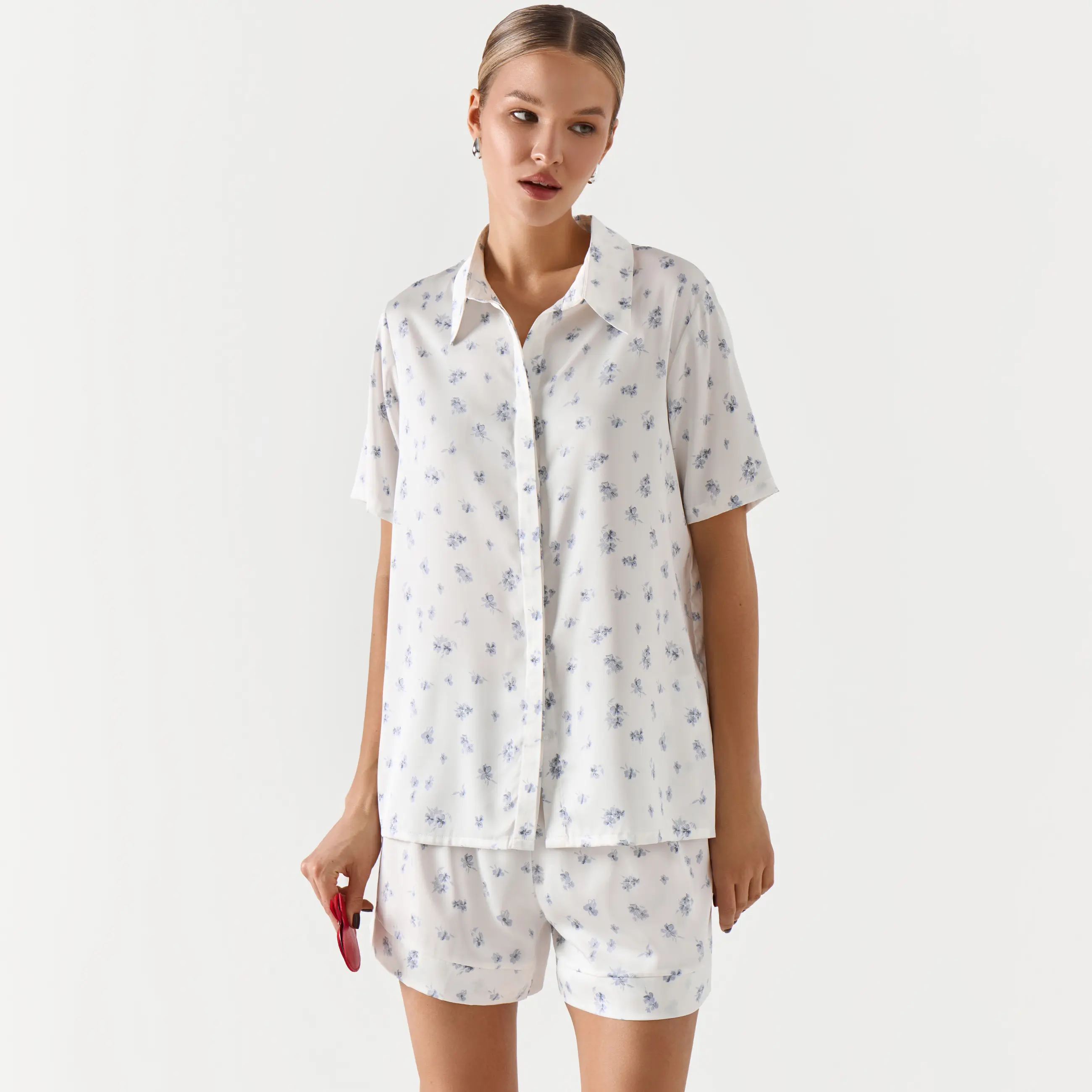 Women's shirt, homewear, size L, with short sleeves, polyester, blue and white, Flowers, Tesia