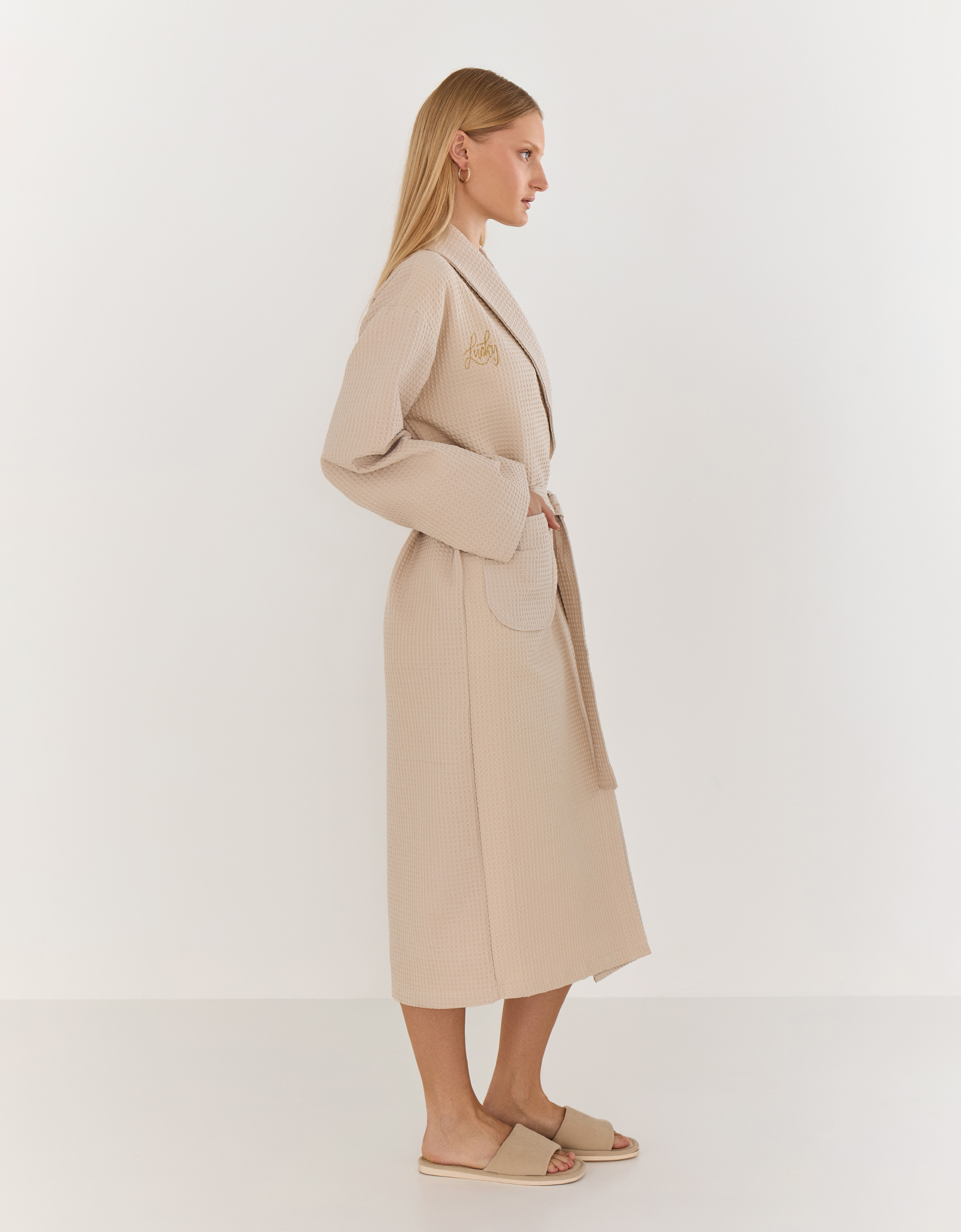 Women's robe, homewear, size L, with long sleeves, waffle, cotton, milky, Lucky, Stefani, image-4