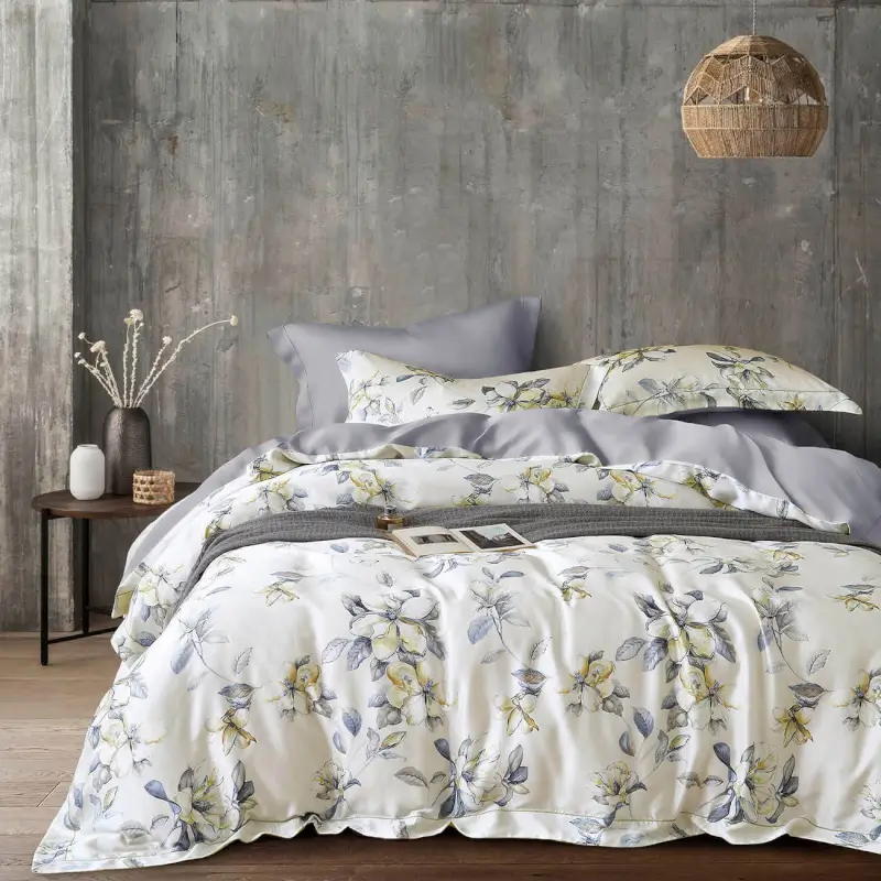 Bed linen set euro, Tencel 300 TC, milky gray, Magnolia flowers, Tencel