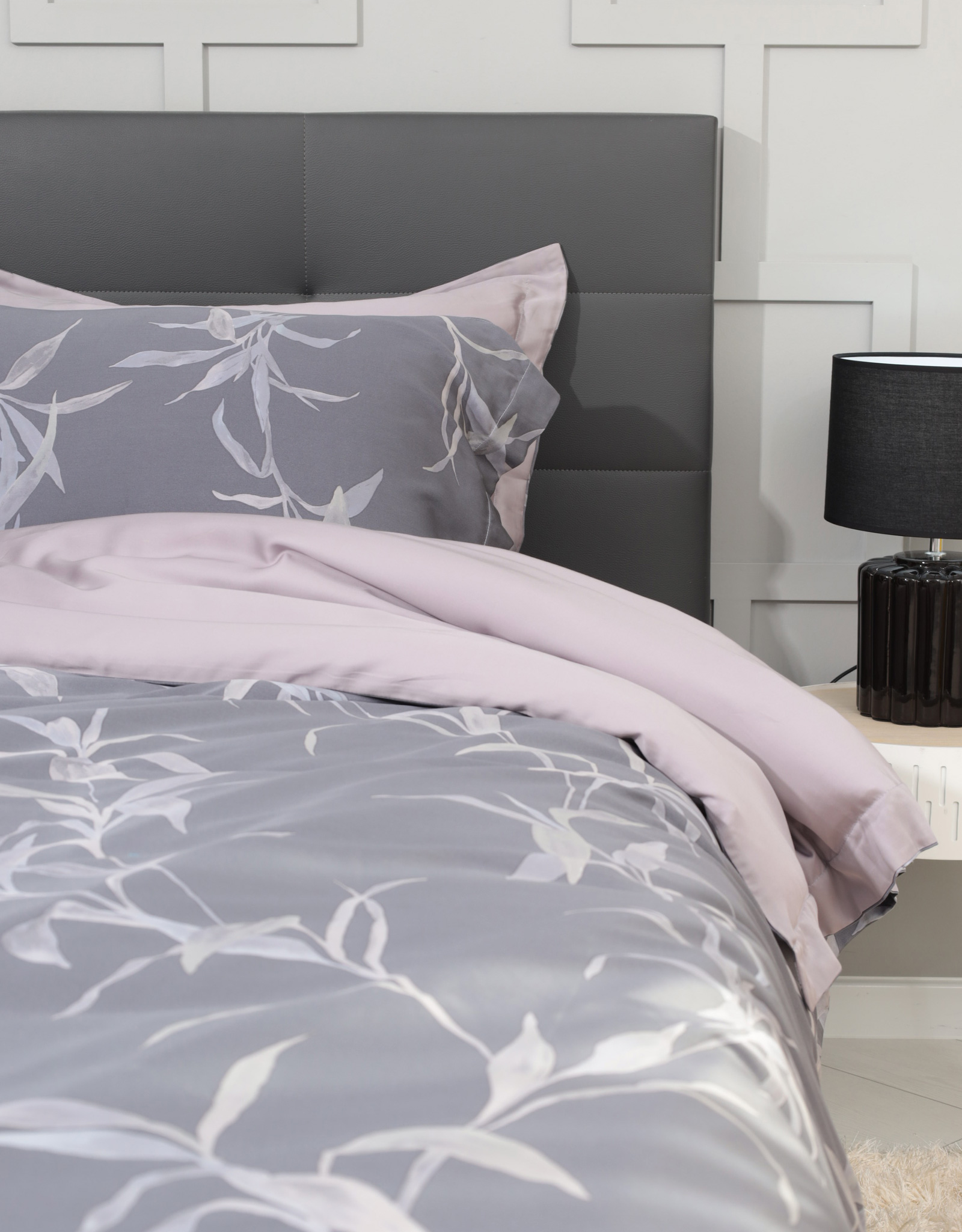 Bed linen set, euro, tencel 300 TC, gray-purple, Leaves,Tencel, image-0