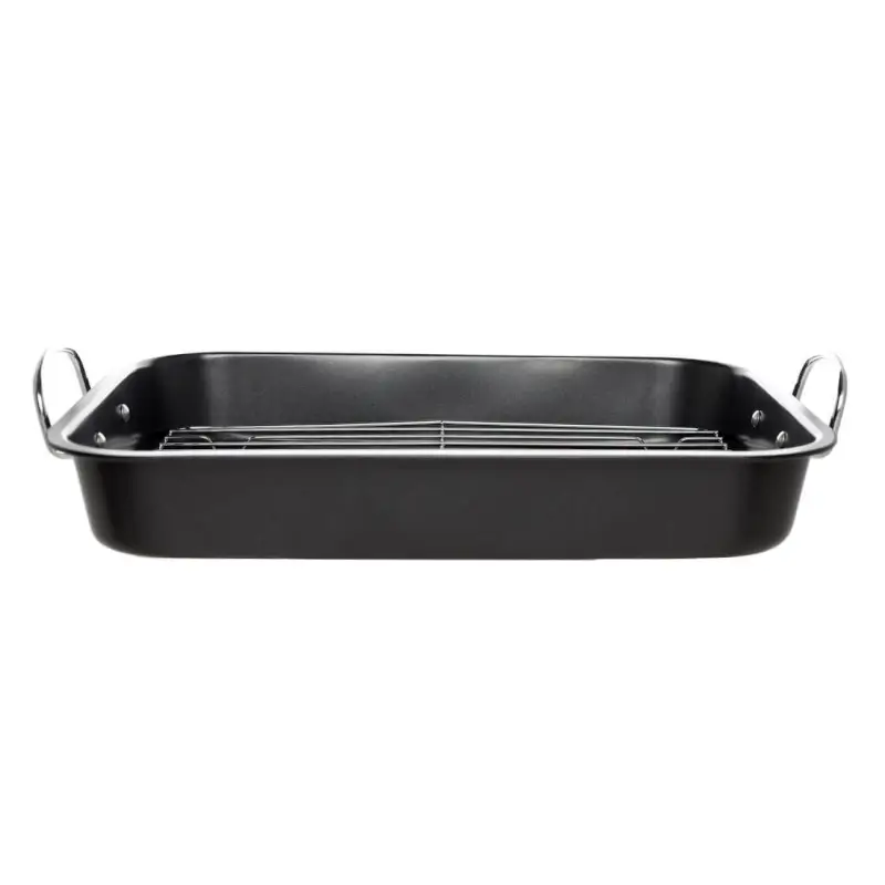 Baking tray, 37x29 cm, with handles and grill, coated, steel, black, BBQ