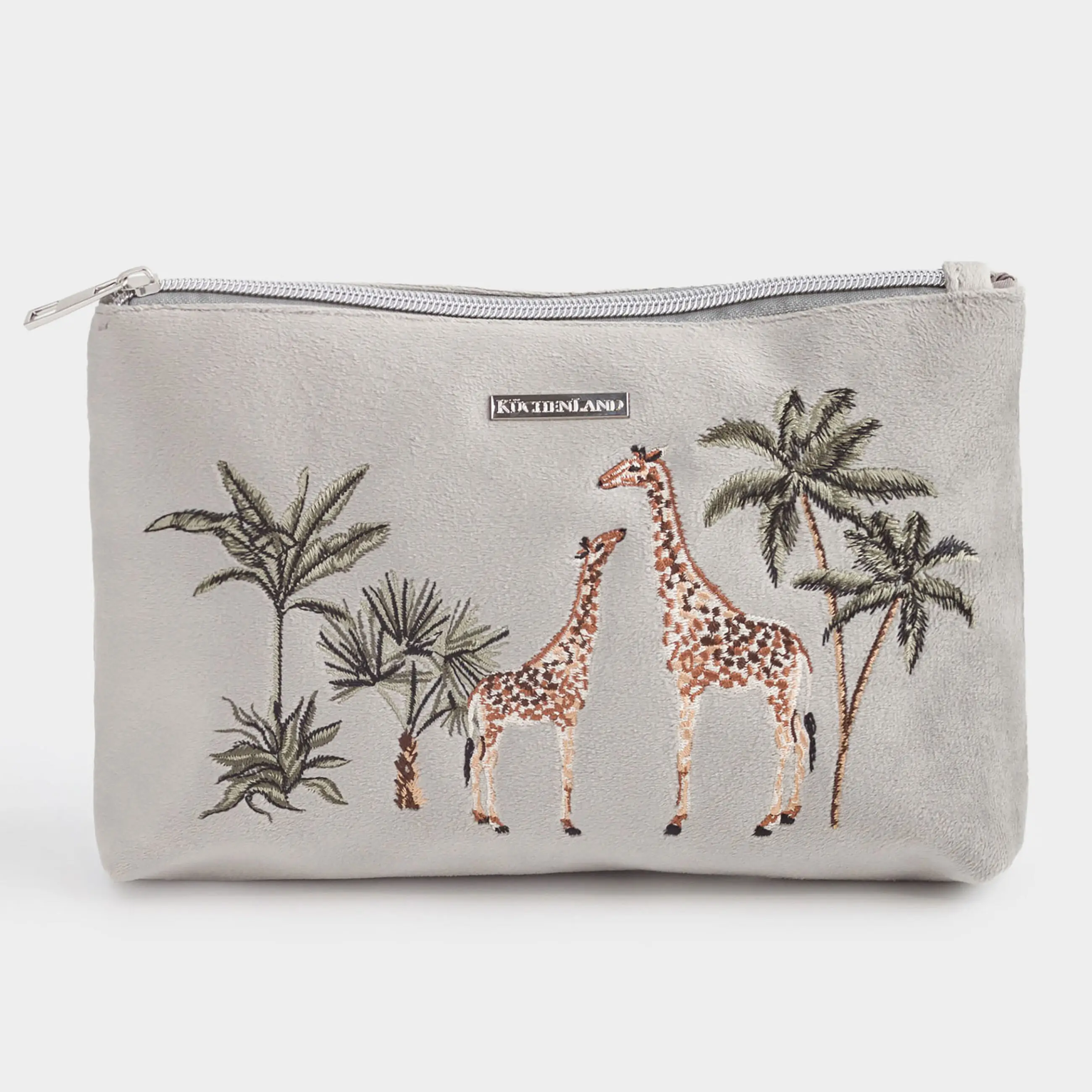 Cosmetic bag, 20x14 cm, polyester, grey, Giraffes in the jungle, Oasis print