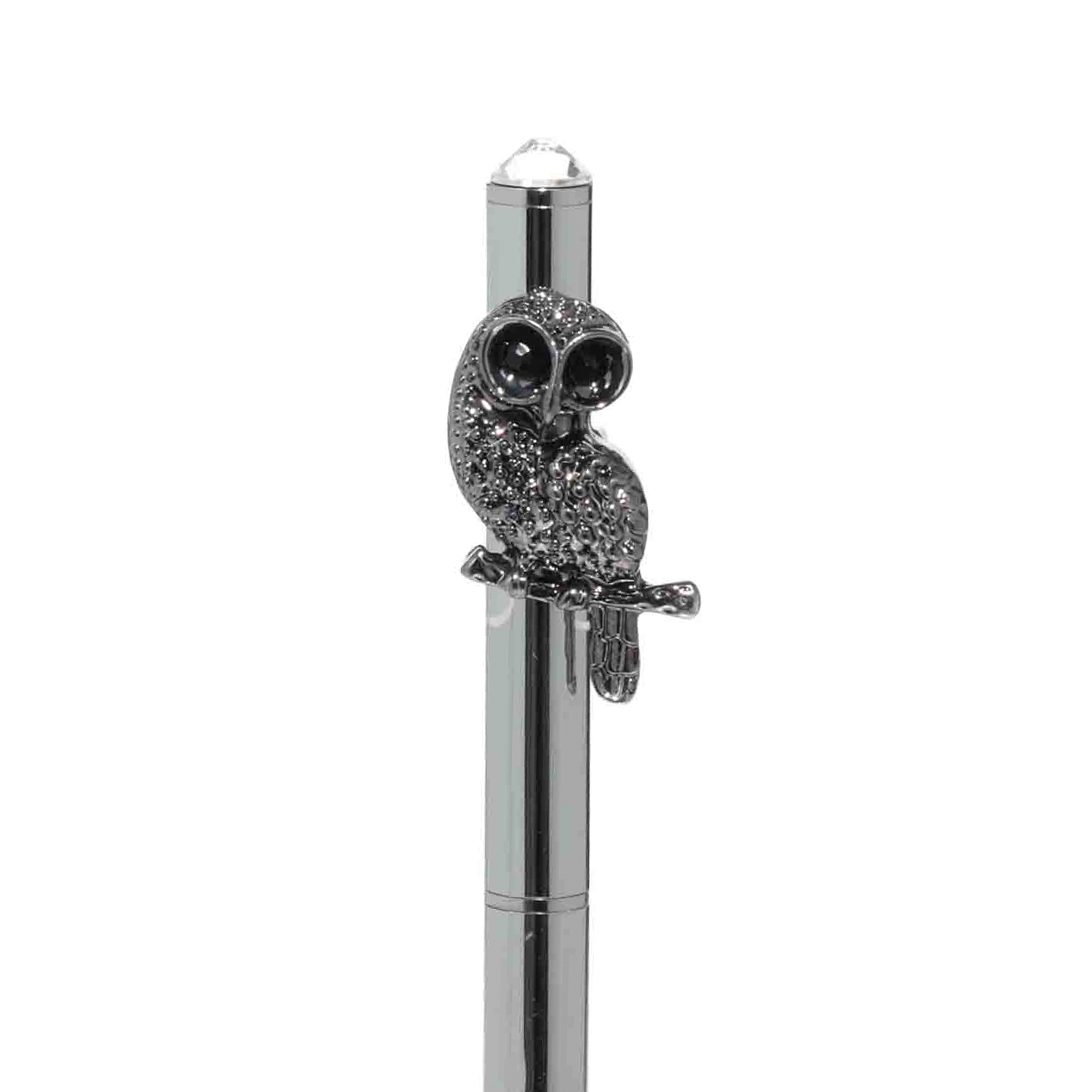 Ballpoint pen, 14 cm, with a figure, steel, black and silver, Owl, Draw figure, image-1
