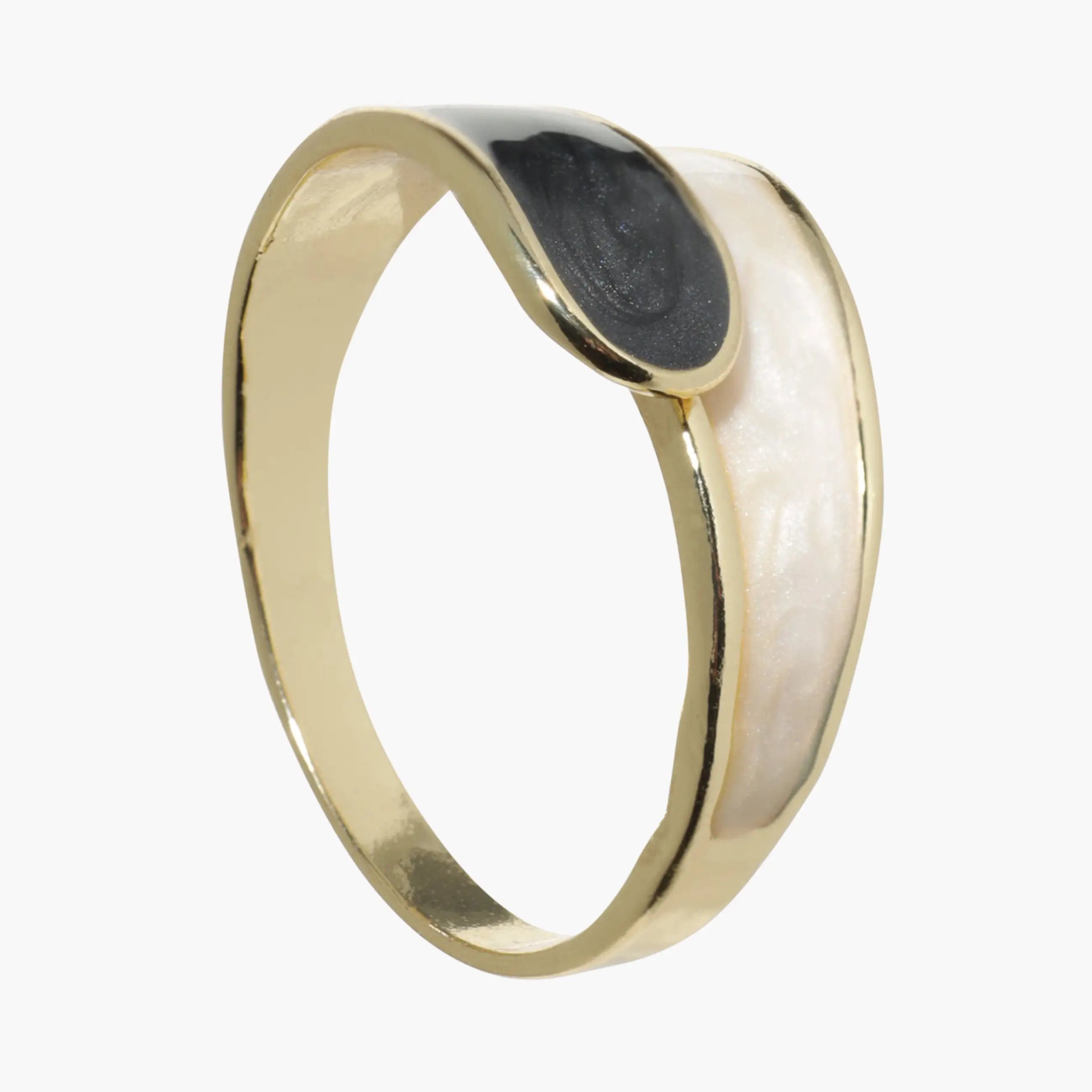 Ring, size S-M, single size, metal / acrylic, black and beige, Jewelry