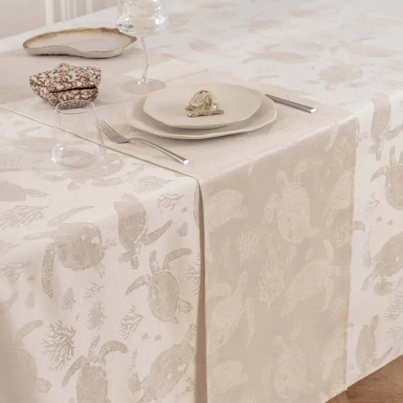 Table runner, 40x160 cm, jacquard, polyester / linen, beige, Turtles, Marine turtles ,image-0
