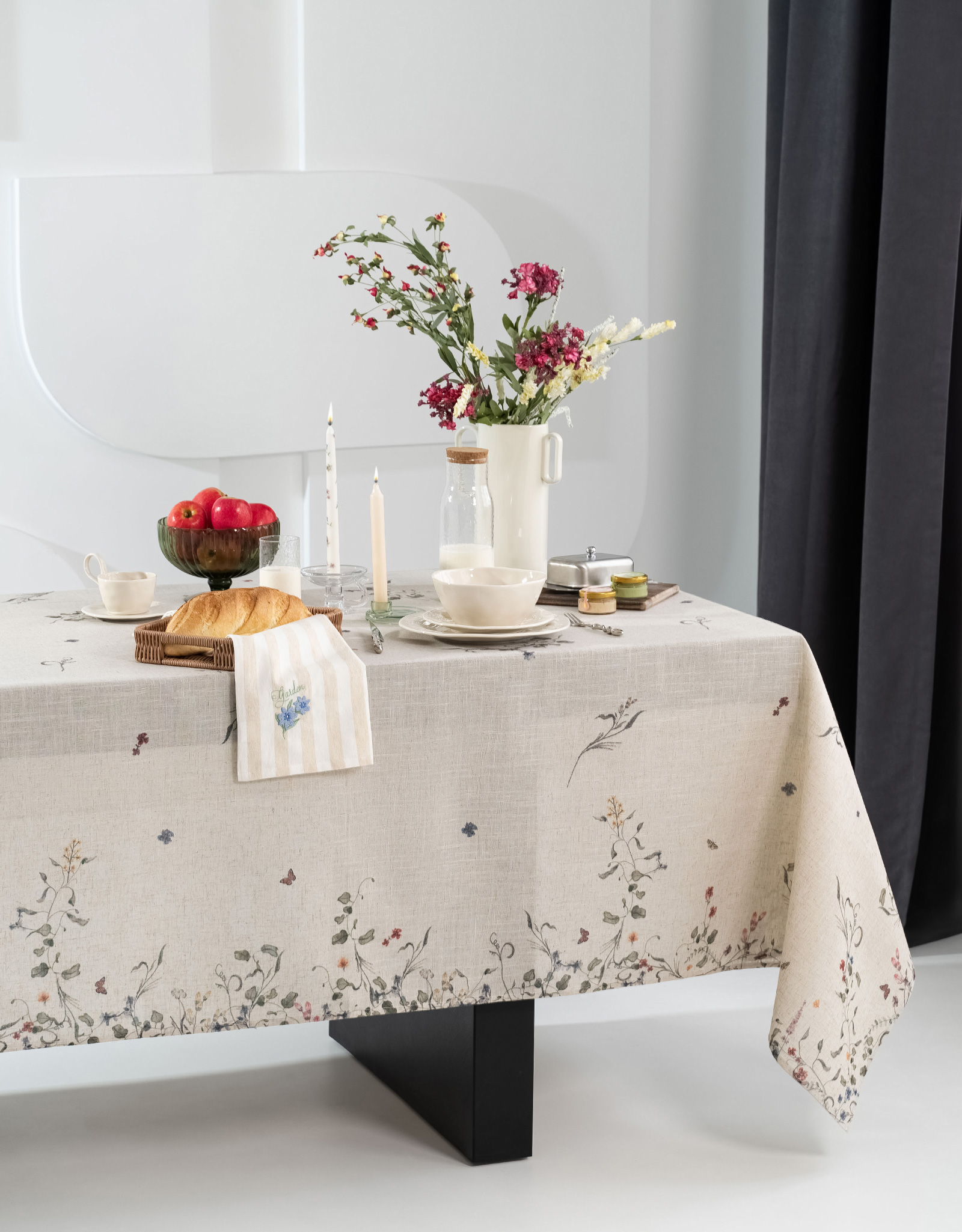 Tablecloth, 170x250 cm, polyester / linen, milky, Flowers and butterflies, Tiny flower, image-10