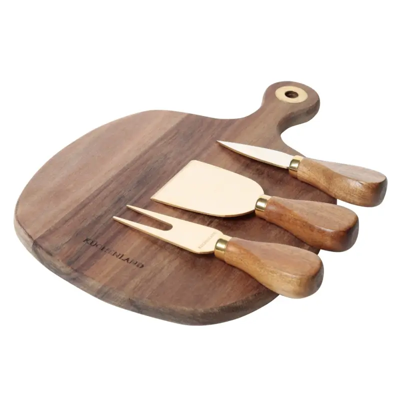 Cheese set, 4 pcs, dish board with handle, steel / wood, golden, Cheese gold