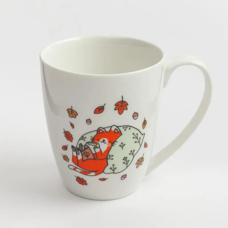 Mug, 320 ml, porcelain N, white, Cat on a pillow, Forest animals