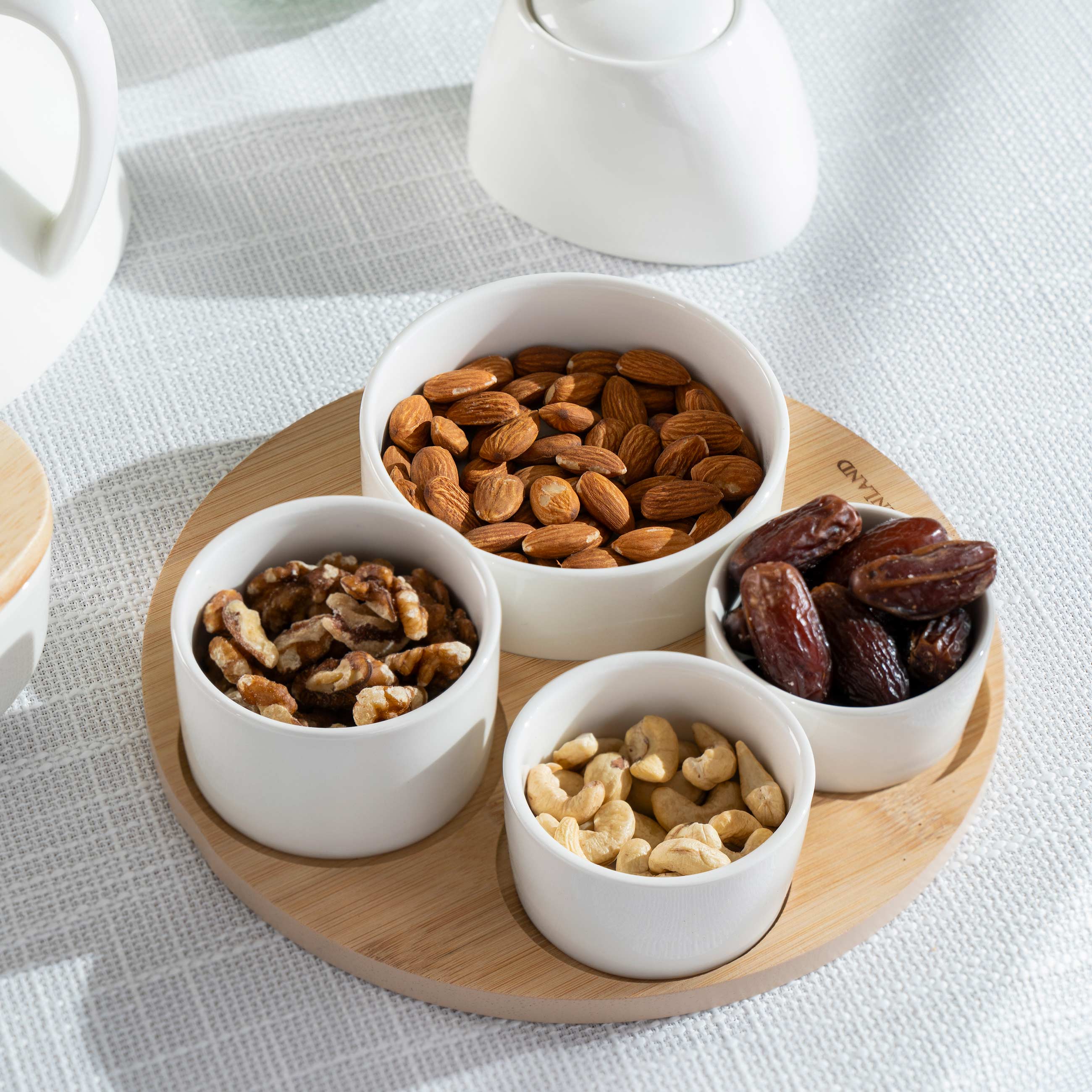 Snack set, 4 pcs, on a stand, ceramic / bamboo, white, round bowls, Bamboo