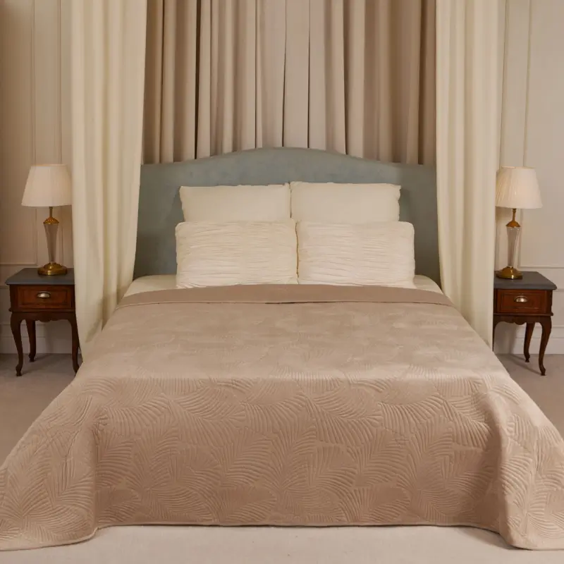 Bedspread, 220x240 cm, quilted, polyester, beige / gray, Palm leaf, Stitch velvet ,image-0