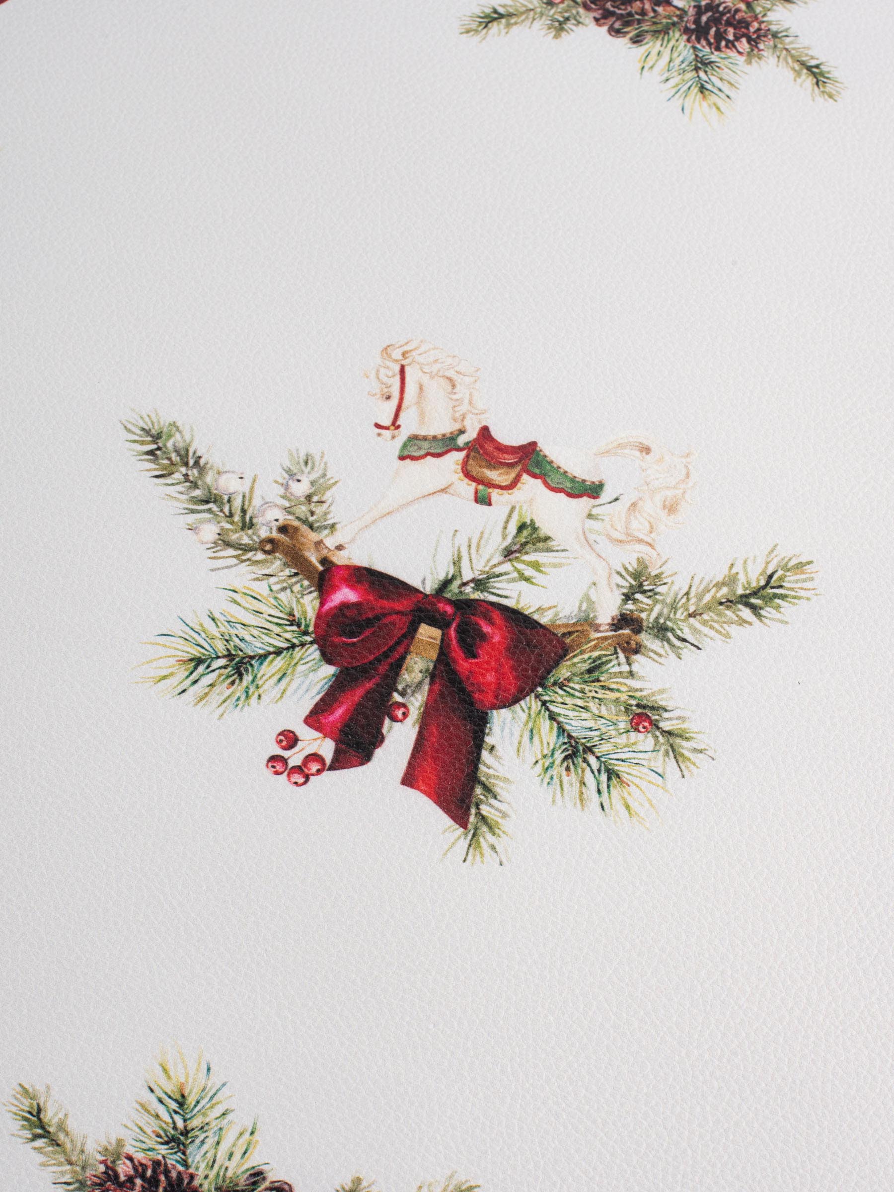 Placemat, 38 cm, PVC, round, white, Horse and fir branches, Rock print, image-3