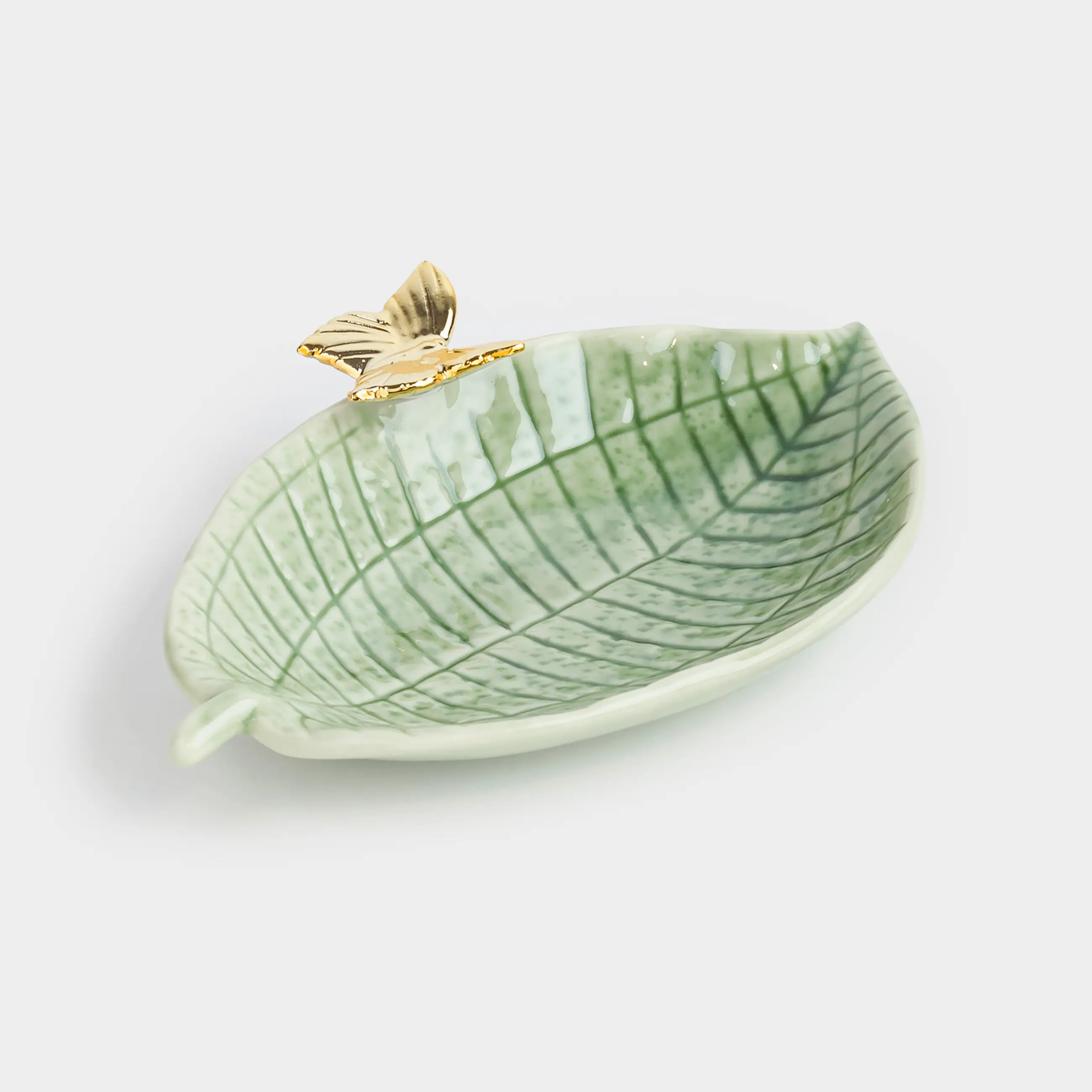 Decorative dish, 20x12 cm, porcelain P, green-gold, Leaf with butterfly, Grand garden