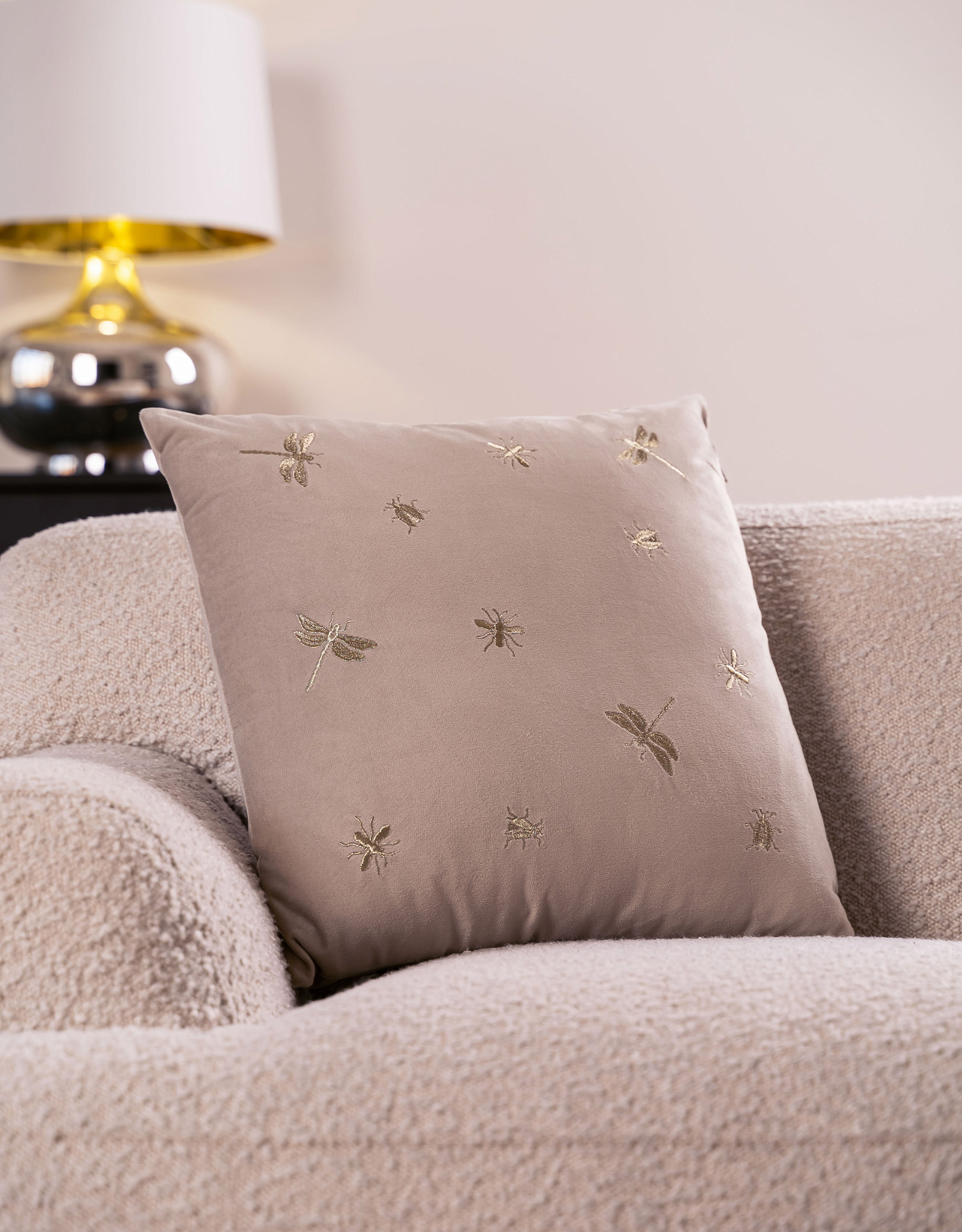 Decorative pillow, 45x45 cm, corduroy, light beige, Dragonflies and beetles, Bugs